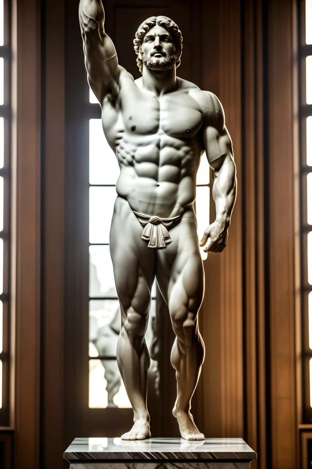 A stoic marble statue of a muscular Greek man, sculpted with meticulous perfection, stands proudly in front of the horizon, framed by the soft light streaming in from the open doors of a beautifully artistic Greek room. The man's chiseled features convey a serious and elegant demeanor, his arms naturally placed on both sides, as if in deep thought. The atmosphere is imposing and thoughtful, with a hint of surreal mystery. The scene is cinematic in nature, with the rising smoke from the background adding an element of drama and intrigue. The overall image is captured in 8K resolution, with a dark, ominous backdrop that enhances the stoic and reflective