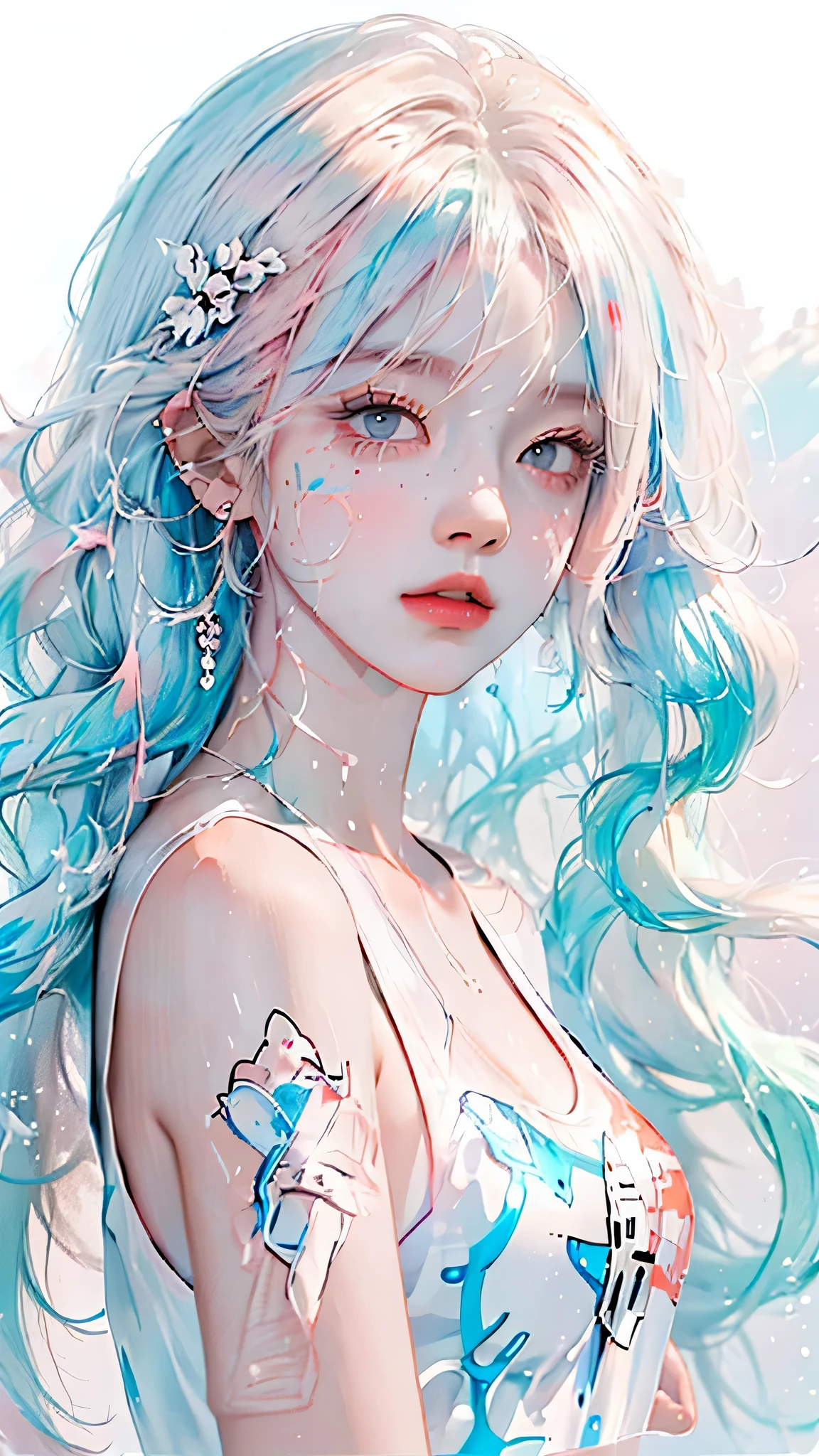 (masterpiece, best quality, High resolution), White background, acrylic paint, ((color splash, splash ink, color splash)), sweet chinese girl, Long light blue hair, [light blue|Pink] hair, Curly hair, flash, peach lips, White shirt, front, Upper body