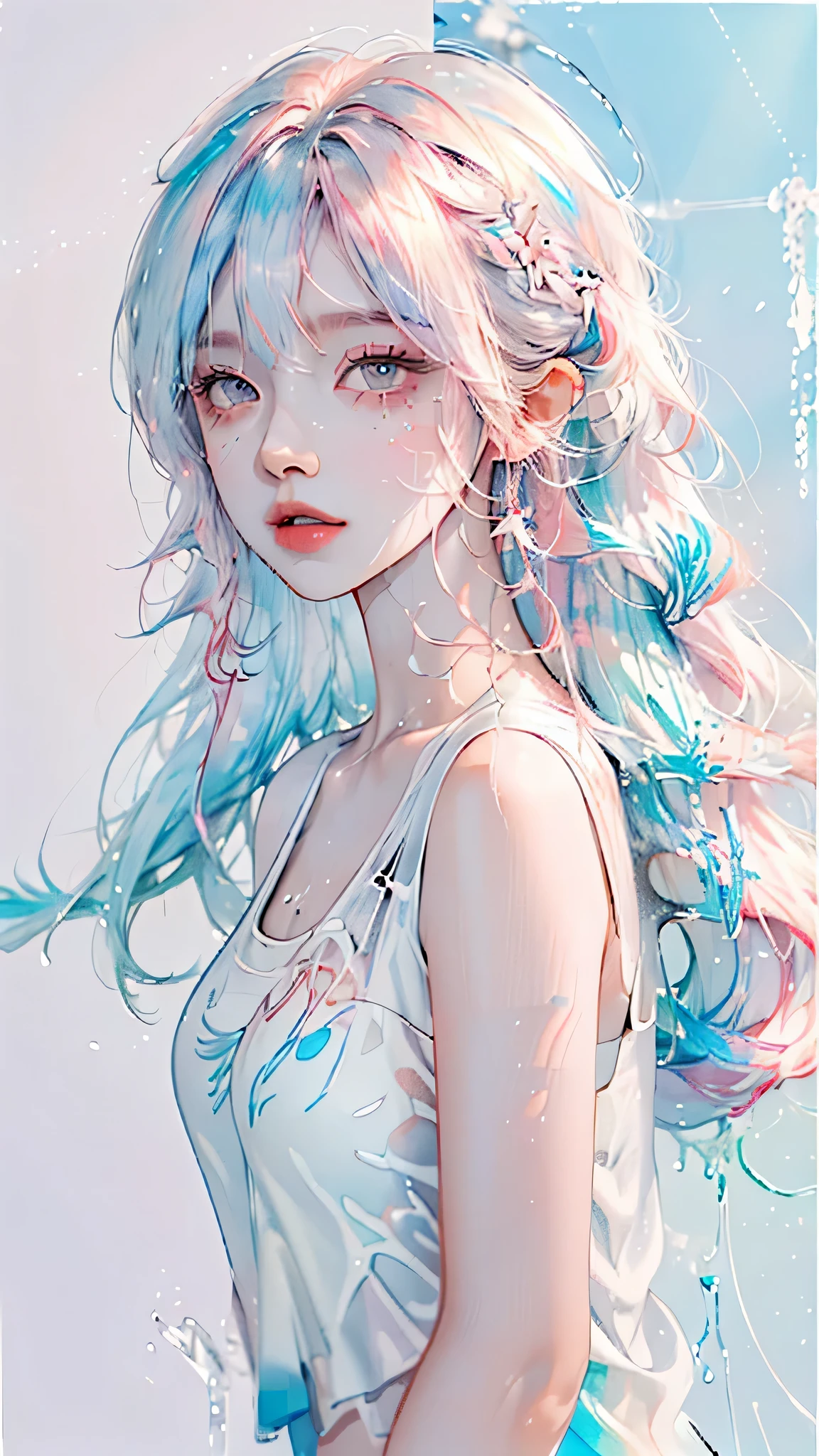 (masterpiece, best quality, High resolution), White background, acrylic paint, ((color splash, splash ink, color splash)), sweet chinese girl, Long light blue hair, [light blue|Pink] hair, Curly hair, flash, peach lips, White shirt, front, Upper body