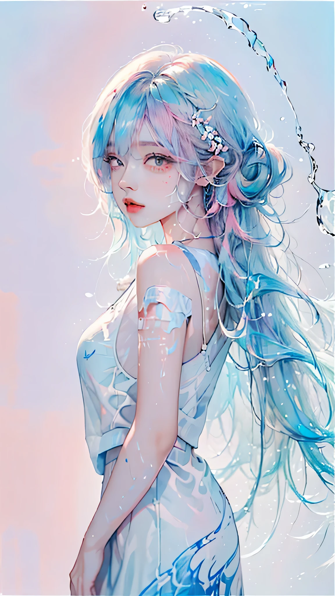 (masterpiece, best quality, High resolution), White background, acrylic paint, ((color splash, splash ink, color splash)), sweet chinese girl, Long light blue hair, [light blue|Pink] hair, Curly hair, flash, peach lips, White shirt, front, Upper body