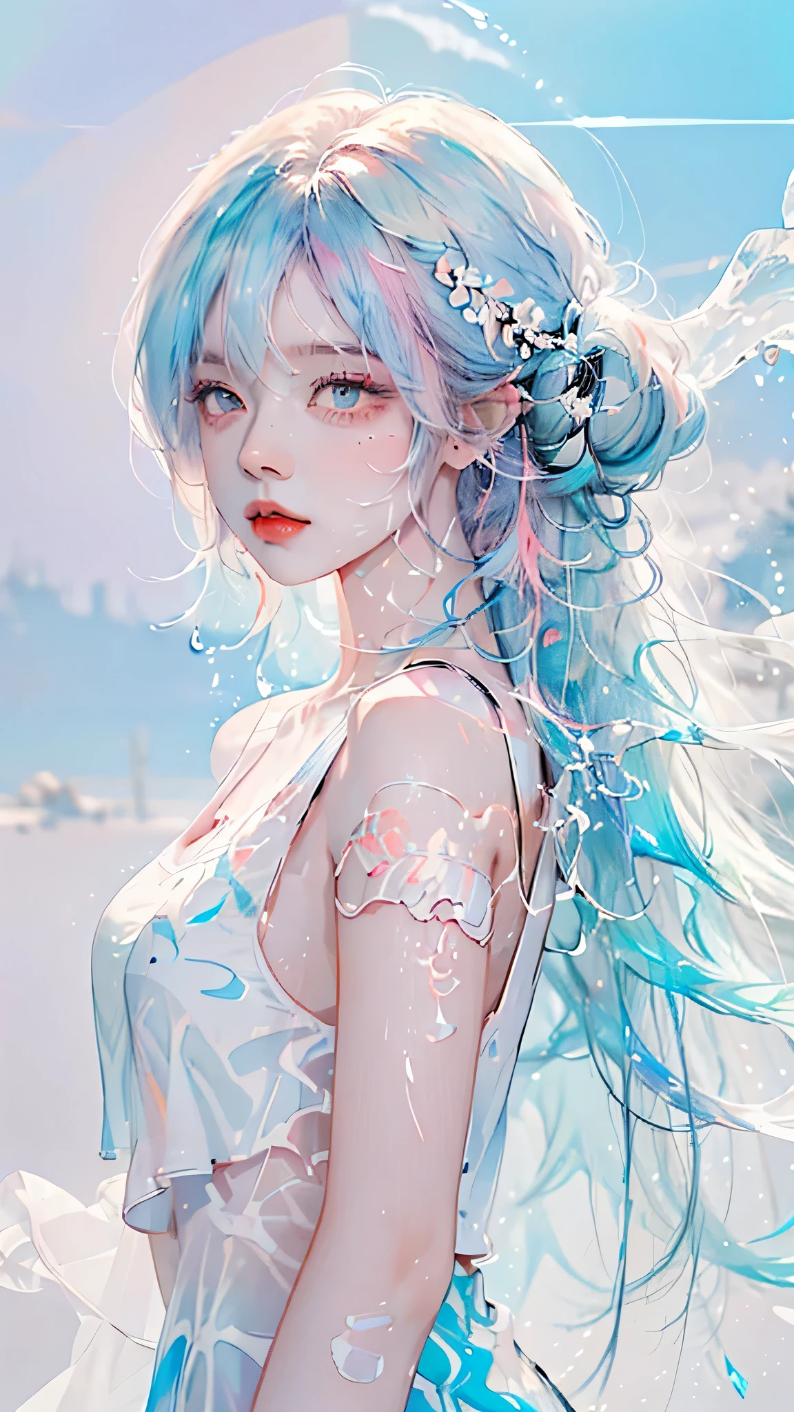 (masterpiece, best quality, High resolution), White background, acrylic paint, ((color splash, splash ink, color splash)), sweet chinese girl, Long light blue hair, [light blue|Pink] hair, Curly hair, flash, peach lips, White shirt, front, Upper body