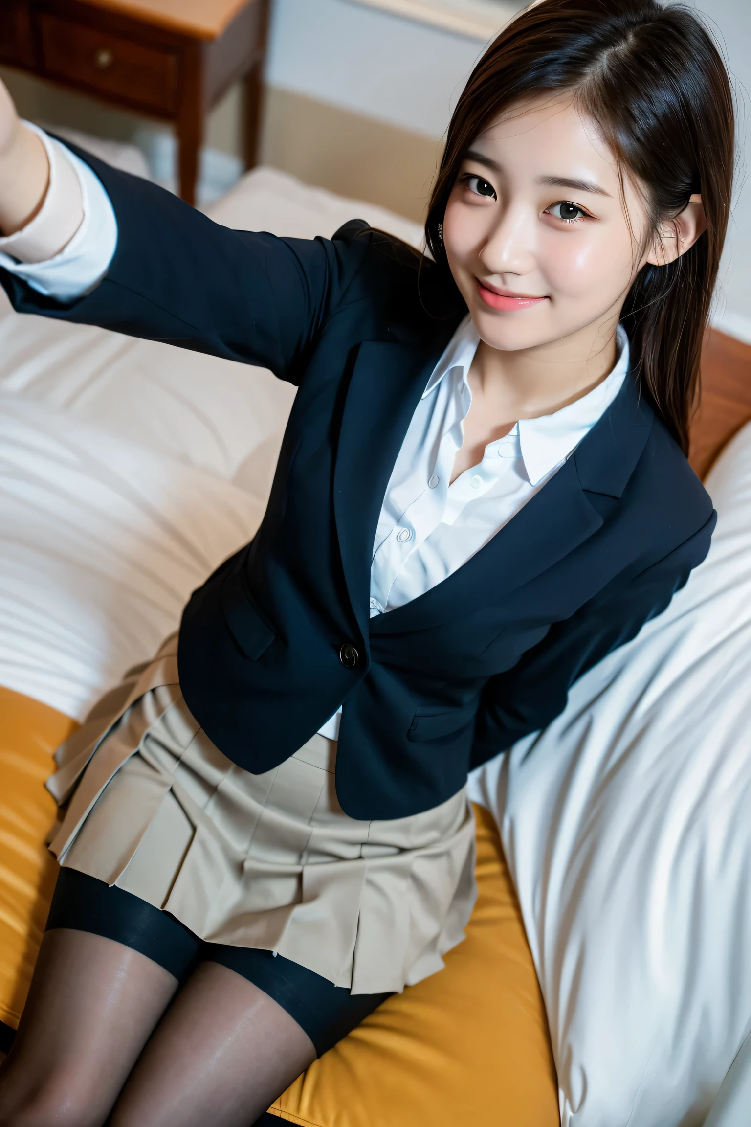 (8k), (highest quality: 1.2), (realistic), (realistic: 1.37), ultra high resolution, 1 girl, cute, smile, closed mouth, beautiful details, beautiful nose, wet hair, giant dulcefo, pork, thighs，selfie,College student uniform,simple blazer,pleated skirt,Standing,opaque tights,(8k), (highest quality: 1.2), (realistic), (realistic: 1.37), ultra high resolution, 1 girl, cute, smile, closed mouth, beautiful details, beautiful nose, wet hair, giant dulcefo, pork, thighs，selfie,College student uniform,simple blazer,pleated skirt,opaque tights,bed,spread legs ,skirt-lift, from above
