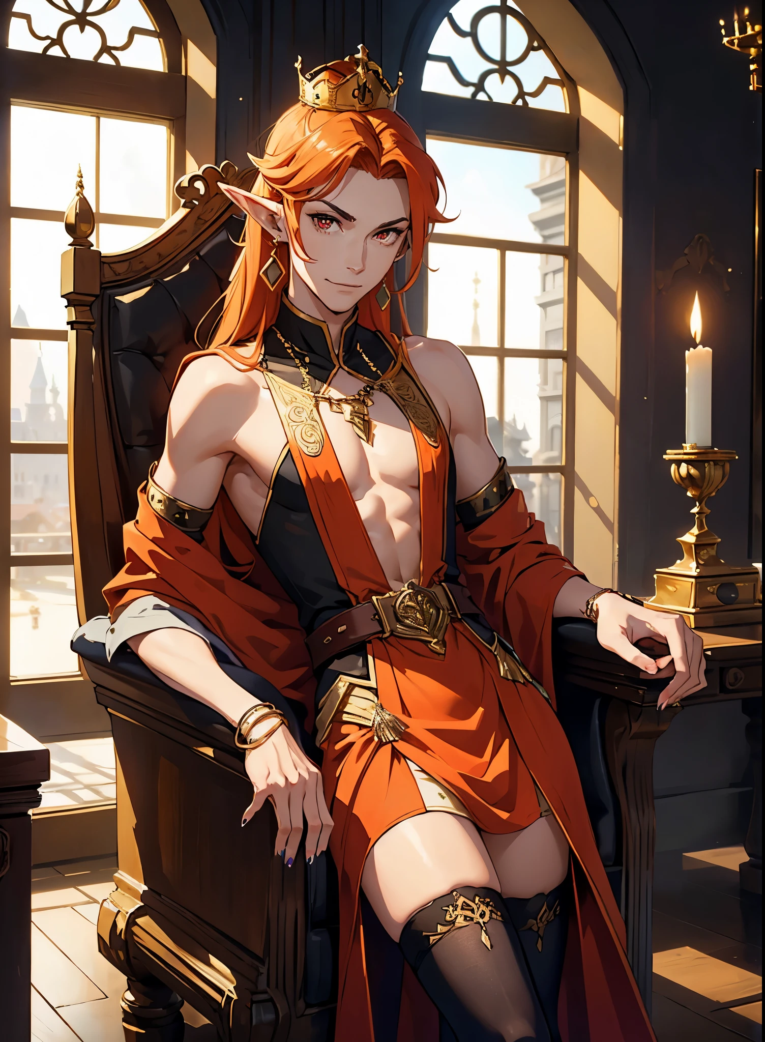 Masterpiece, best quality, (1_man), ((male body)), thin, handsome, flamboyant, tall, ((upper body)), standing, looking at the viewer, man chest, (deviant smile), sinister face, ((sinister), deviant smirk, long elf ears, earrings, orange hair, long hair length, red eyes, ((hands behind back)), wearing beautiful gold elfish dress, tunic, tight clothes, sleeveless, golden bracelets, painted nails, golden crown, (thigh highs), dark eyeliner, beautiful appearance, spacious castle, large archways, throne room, marble columns, large windows, windows with clouds in them,