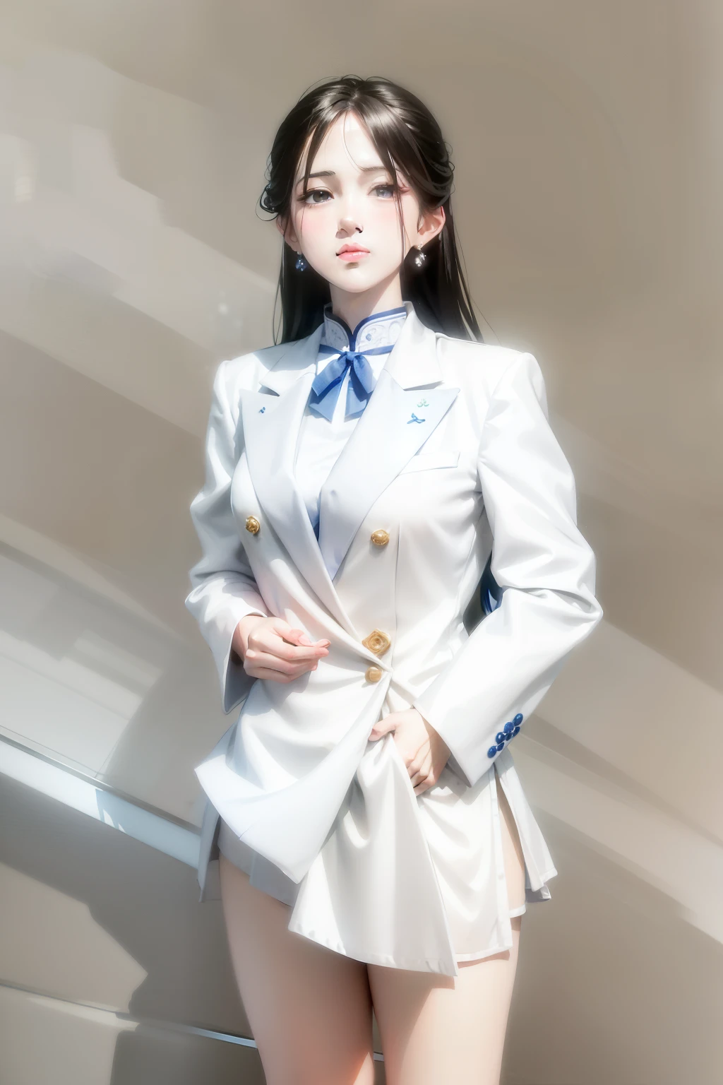 a close up of a woman in a white suit and a blue shirt, Li Zhien, Li Zhien, wearing white suit, Cui Xianhua, Tsai Chongxin style, Shin Min Jung, white suit, Chiho Ajima, louise zhang, full body xianxia, Sun Yunzhu, Minami Zaiwa, Parking Distance - Minutes Smile Calm and Gentle