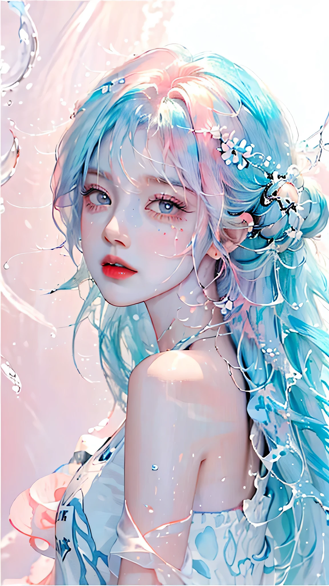 (masterpiece, best quality, High resolution), White background, acrylic paint, ((color splash, splash ink, color splash)), sweet chinese girl, Long light blue hair, [light blue|Pink] hair, Curly hair, flash, peach lips, White shirt, front, Upper body