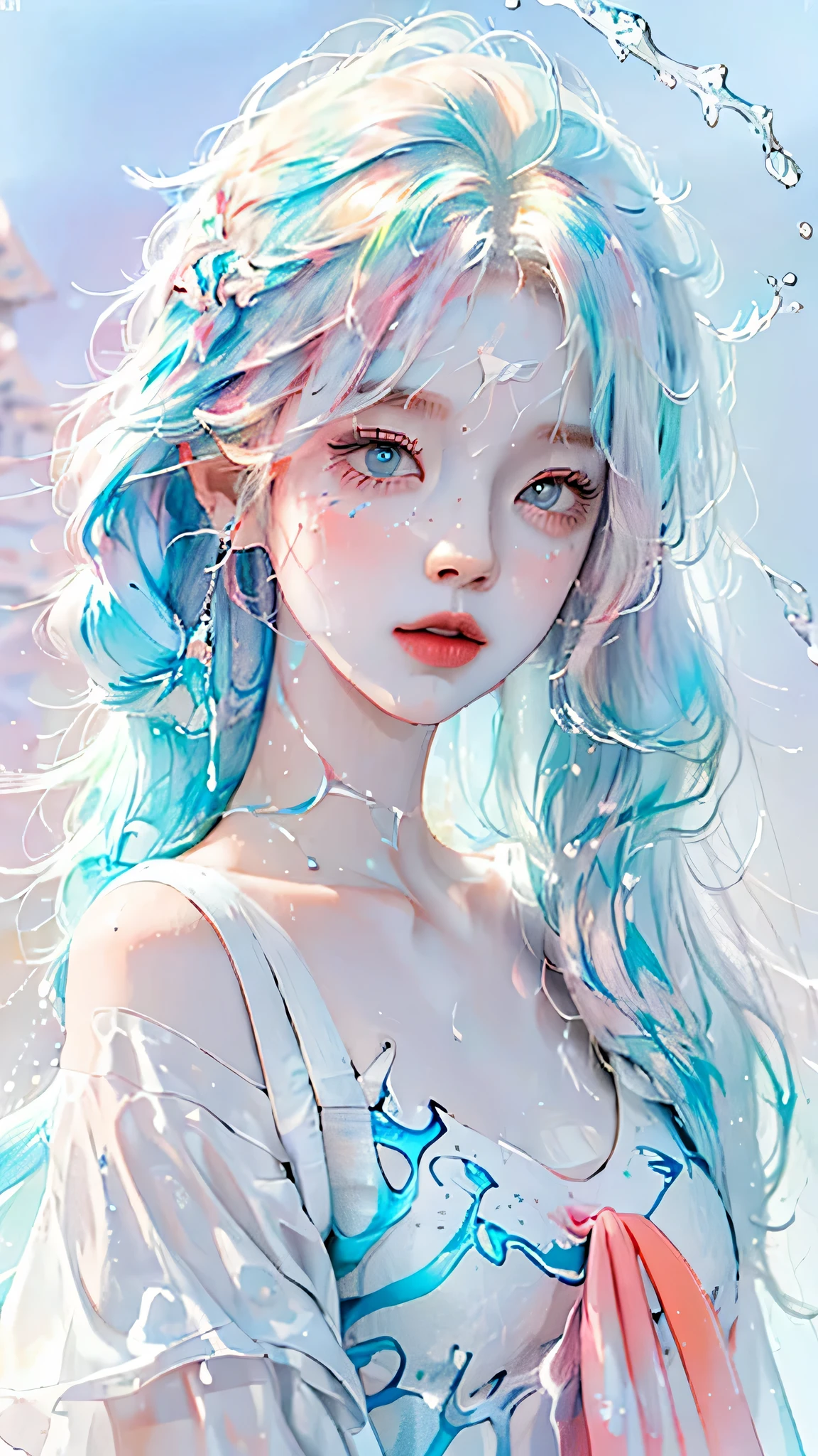 (masterpiece, best quality, High resolution), White background, acrylic paint, ((color splash, splash ink, color splash)), sweet chinese girl, Long light blue hair, [light blue|Pink] hair, Curly hair, flash, peach lips, White shirt, front, Upper body