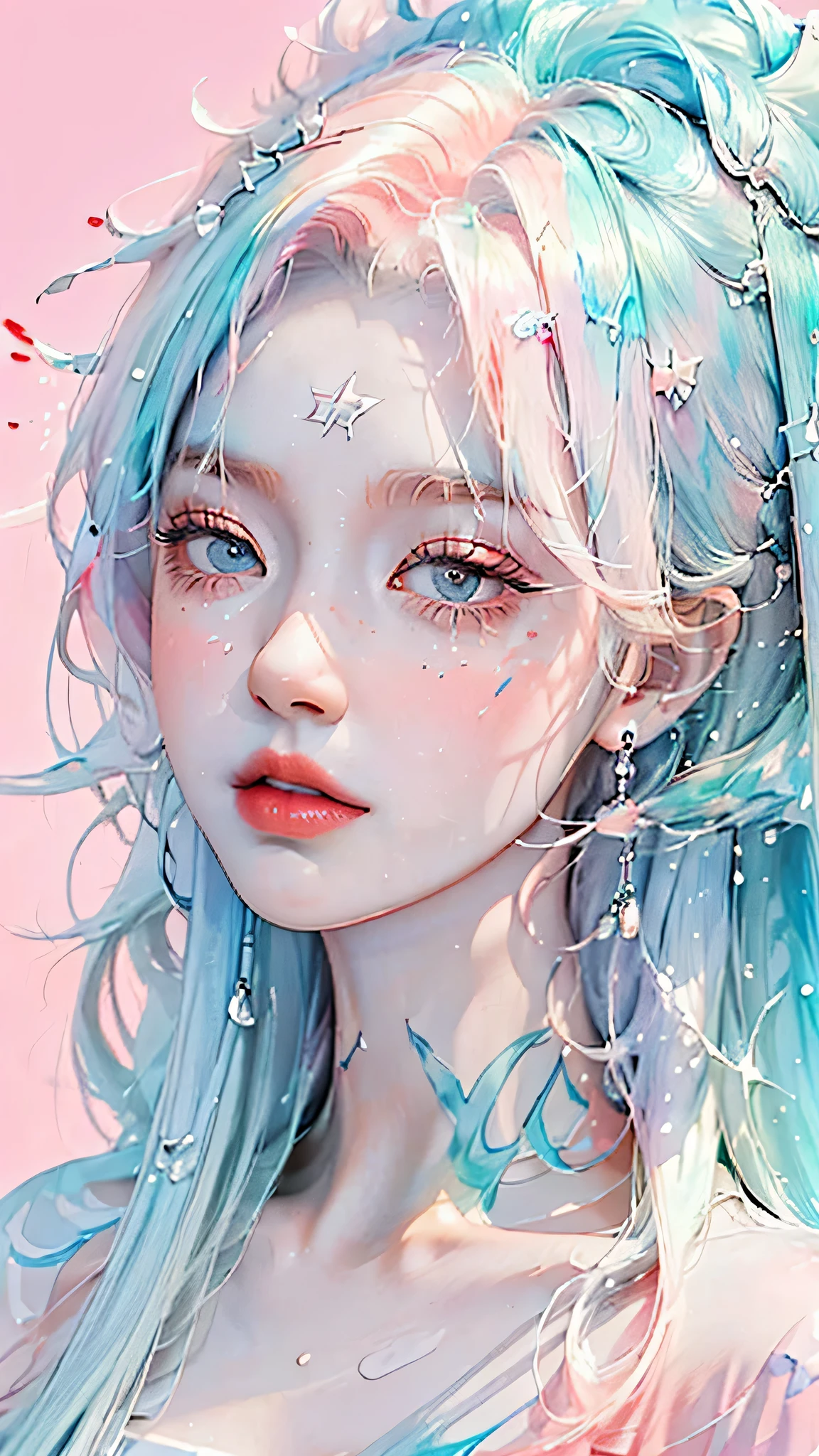 (masterpiece, best quality, High resolution), White background, acrylic paint, ((color splash, splash ink, color splash)), sweet chinese girl, Long light blue hair, [light blue|Pink] hair, Curly hair, flash, peach lips, White shirt, front, Upper body
