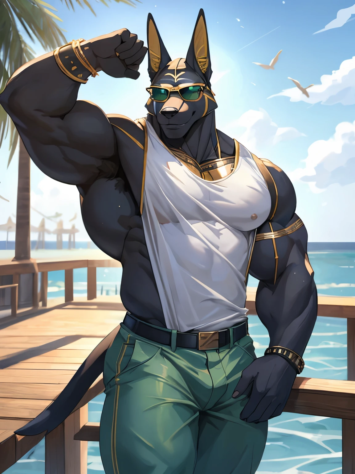 Anubian jackal, anubis, good looking, male, anthro, ultradetailed, muscular, solo, bareness, rippling muscles, muscles, pier background, tail, smiling, big pecs, looking at viewer, white shirt, greyish-green pants, sunglasses, bara,