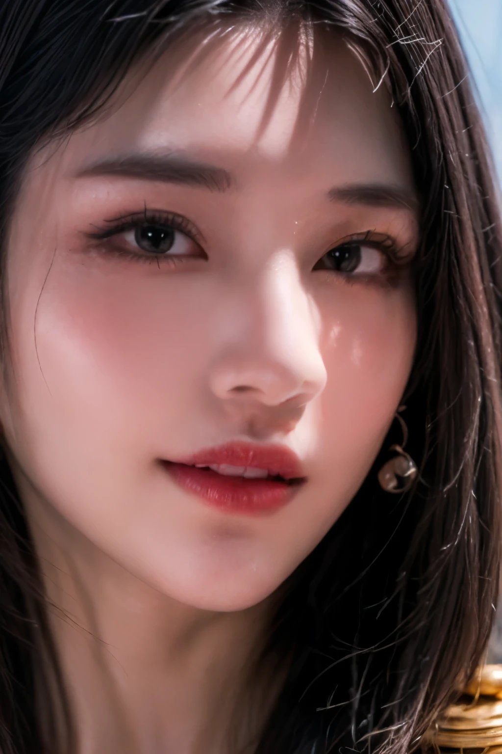 1female, detailed eyes, beautiful lips, long black hair, black eyes, charming smile, realistic and detailed clothing, polite and elegant, standing in front of a bustling cityscape, ultra-detailed depiction, capturing the realistic essence of the character from the anime "One Piece",Nikon RAW photo, Fujifilm XT3, (detailed, 21 years old young lady captain, big eyes, snake golden earring, looking away), sensual, (ultra detailed), 8k, 4k, intricate, upper_body, detailed_face, best lighting, outdoors, makeup, bleach background, low rise,(masterpiece, best quality:1.4), (face focus:1.5), outside, (near the sea), 1girl, solo, hancock1, 1girl, boa hancock, huge breasts, cleavage, long hair, epaulettes, cape, (white cape:1), crop top, long sleeves, side slit, (european youth woman:1), looking at viewer, beautifull smile, beautiful face, highly detailed face, highly detailed eyes, studio lighting, vivid colors, sharp focus, physicially-based rendering, ultra-fine painting, portraits, landscape