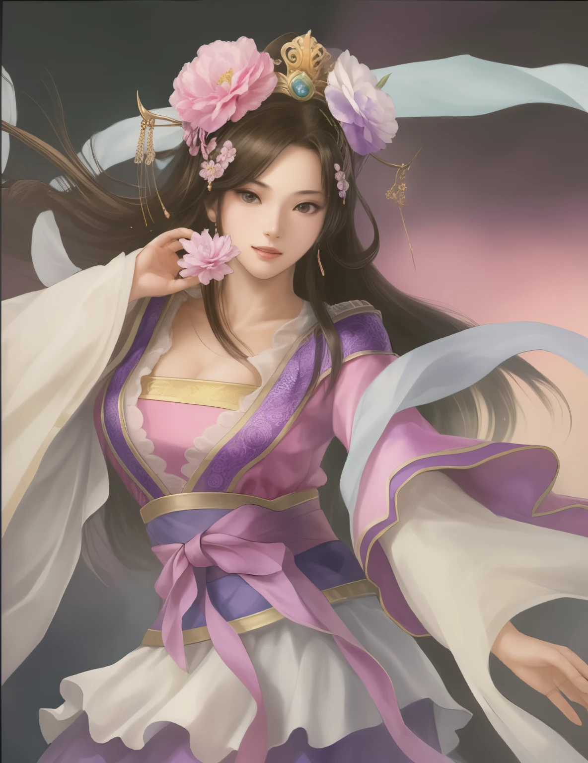 Anime girl wearing flower crown and purple skirt, beautiful fantasy queen, ((beautiful fantasy queen)), beautiful figure painting, Inspired by Lan Ying, palace ， A girl wearing Hanfu, Inspired by Du Qiong, Inspired by Zhu Lian, Inspired by Qiu Ying, heise jinyao, Inspired by Wu Li, Inspired by Wu Bin, yun ling