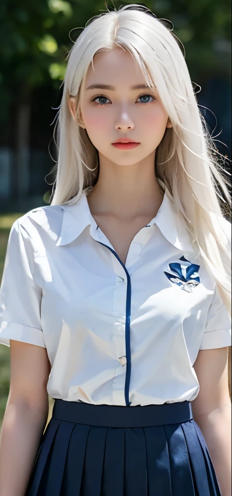 masterpiece, 最high quality, (realistic, super real, super reality:1.5), (photo shoot), 1 girl, (Neat and innocent personality, Gentle atmosphere:1.2), ((white colored hair, (しっとりとしたストレートの非常にlong hair):1.5)), (smile:0.8), (kind eyes), looking at the viewer, cowboy shot, Cinemagraph, break (perfect beauty, very porcelain skin, Very fair skin, Fine and beautiful skin, super smart, (Face with random and very beautiful details:1.4), (Beautiful symmetrical face, 左右対称のbeautiful eyes, (blue colored eyes:1.2), small details, detailed face:1.3), (Big eyes, hyper detail eyes, very clear eyes:1.4),1 female, close up of face, Huge ,light brown hair, dull bangs, hair behind the ear, shoulder hair, long hair, slender body shape, Extra-fine face, thin face, delicate lips, beautiful eyes, light blush, eyes are light brown, perfect shiny skin, perfect skin, Shining sweat,take a look here, ultra thin hands, extra thin fingers:realistic:1.3), broad-leaved forest, one person'point of view, fujifilm, 8K, table top, nffsw, Super detailed, high quality, 最high quality, High resolution, ((Please do not show your fingertips))、golden hour beautiful light, (((high school girl uniform)))、(((White short sleeve low cut front button shirt、Dark blue ribbon)))、((Ultra Micro Mini Dark Blue Pleated Skirt)) ((Huge tits)) (((positive image:1.3)))