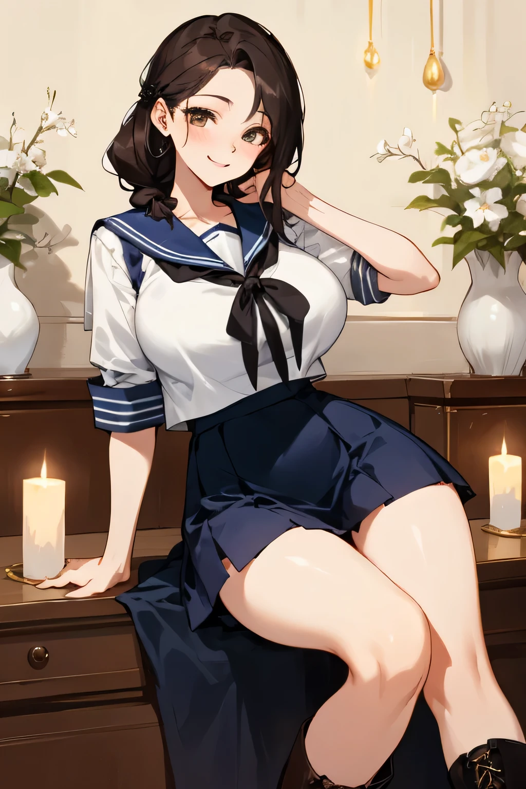 (highest quality、High resolution、detailed background、8K)、Beautiful and dense face、beautiful and smooth skin、skin texture、professional lighting、Beautiful girl in her 20s、two women、brown hair、braided hairstyles、(huge breasts:1.3)、realistic、perfect body line、
(Enjoy a romantic dinner by candlelight)、Calm atmosphere、
Confidence and Charm、Express yourself with confidence、Charm、
(Try wearing sailor uniform-style tops and for a sexy look.)、
Choose tops that fit well with your body line.、
Fits perfectly around the chest and waist, emphasizing feminine curves.、
Adding details such as lace or ribbons around the décolletage and shoulders can create a sexy look.、
Generally speaking, traditional sailor uniform style tops with a white or navy base with red or black details are popular, but you can also choose tops with other bright colors or patterns.、
Choose a miniskirt that fits well with your body line.、
A secure fit from the waist to the hips, making your legs look beautiful.、
The tight silhouette of the skirt emphasizes your sexiness.、
We recommend designs that highlight the hip line and thigh curves.、
Dark colors such as black and navy bring out your sexiness.、
Skirts made of leather or shiny fabric also give a sexy impression.、
By incorporating feminine accessories such as ribbons and chokers, you can create a cute and sexy look at the same time.、Pair it with high heels to make your legs look beautiful.、
High-heeled boots emphasize sexiness、
looking at me with a happy expression、laughing、smiling、sexual expression、cute