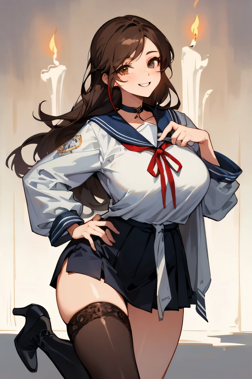(highest quality、High resolution、detailed background、8K)、Beautiful and dense face、beautiful and smooth skin、skin texture、professional lighting、Beautiful girl in her 20s、two women、brown hair、braided hairstyles、(huge breasts:1.3)、realistic、perfect body line、
(Enjoy a romantic dinner by candlelight)、Calm atmosphere、
Confidence and Charm、Express yourself with confidence、Charm、
(Try wearing sailor uniform-style tops and for a sexy look.)、
Choose tops that fit well with your body line.、
Fits perfectly around the chest and waist, emphasizing feminine curves.、
Adding details such as lace or ribbons around the décolletage and shoulders can create a sexy look.、
Generally speaking, traditional sailor uniform style tops with a white or navy base with red or black details are popular, but you can also choose tops with other bright colors or patterns.、
Choose a miniskirt that fits well with your body line.、
A secure fit from the waist to the hips, making your legs look beautiful.、
The tight silhouette of the skirt emphasizes your sexiness.、
We recommend designs that highlight the hip line and thigh curves.、
Dark colors such as black and navy bring out your sexiness.、
Skirts made of leather or shiny fabric also give a sexy impression.、
By incorporating feminine accessories such as ribbons and chokers, you can create a cute and sexy look at the same time.、Pair it with high heels to make your legs look beautiful.、
High-heeled boots emphasize sexiness、
looking at me with a happy expression、laughing、smiling、sexual expression、cute