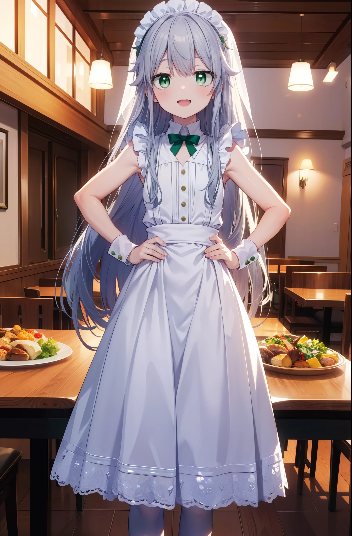 index, index, (green eyes:1.5), silver hair, long hair, (flat chest:1.2),happy smile, smile, open your mouth,she was wearing a maid,long skirt, white stockings on her legs,put both hands on hips,stand with respect,bare shoulders,look up from below,There'There'there is a lot of food on the table, break looking at viewer, Upper body, whole body, break indoors, restaurant,viking, break (masterpiece:1.2), highest quality, High resolution, unity 8k wallpaper, (shape:0.8), (fine and beautiful eyes:1.6), highly detailed face, perfect lighting, Very detailed CG, (perfect hands, perfect anatomy),