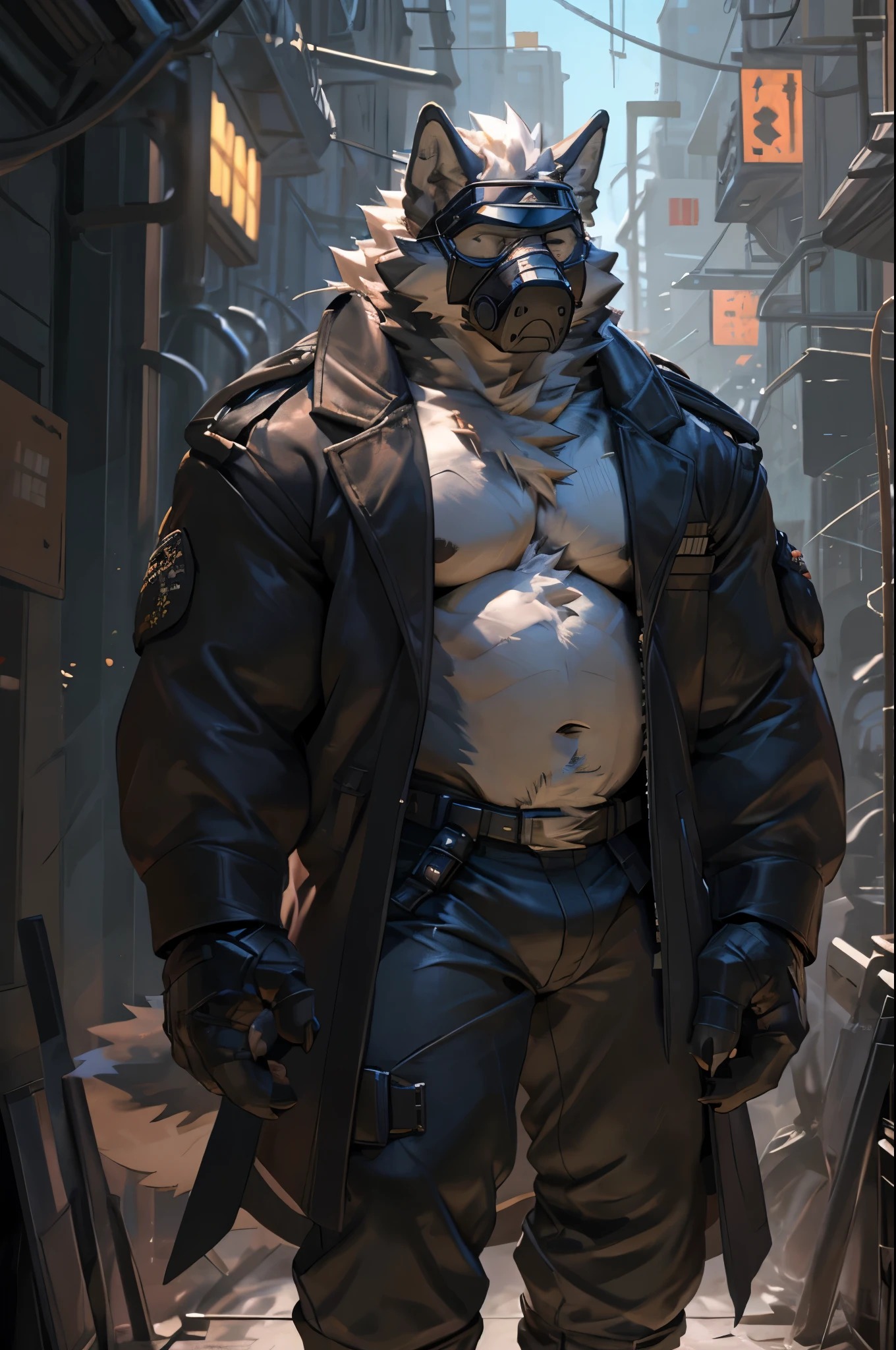 (by taran fiddler), (by darkgem:0.8), (by chunie:1), masterpiece, clothing, coat, trenchcoat, portrait, serious, looking at viewer, (javid:1.2), 4k, ultra detail, full body, grey furry body, male, solo, anthro wolf, detailed gas-mask, mechanical jawline, samurai mask , no eyes, eyes covered, blue eyes, wolf eyes, gas-mask face, mask teeth, mask tubes, mask grill mouth, mouth tubes, Bane mask, Monster mouth, Von Lycan, face hidden, eyes hidden, gas mask wolf, face covered by gas mask, no shirt, not wearing shirt, [no shirt],furry chest, huge chest, furry stomach, firm stomach, furry body, chiseled furry, detailed goggles, no eyebrows, face hidden, welding goggles, dark round sunglasses, dark goggles, black goggles, detailed eye goggles, epic, grey fur, white hair, perfect hands/ gloved hands, arms at sides, metal claw tips, facing camera, very tall, muscular wolf , No Horns, NO hat, towering, hulking tall, huge body, hulk, monstrous, huge muscles, wide shoulders, black leather, wearing a black leather trench coat, WW2 military style coat, long leather coat, no shirt, black leather gloves, metal finger claws, no insignia, black leather pants, leather straps on pants, black leather boots, long white hair; long perfect white hair, no shirt, corporate security, Resident Evil, face covered, long white hair, waist length hair, dark knight bane, silver buttons, detailed hands, dark, industrial militaristic background (detailed cyberpunk background at night), cyberpunk 