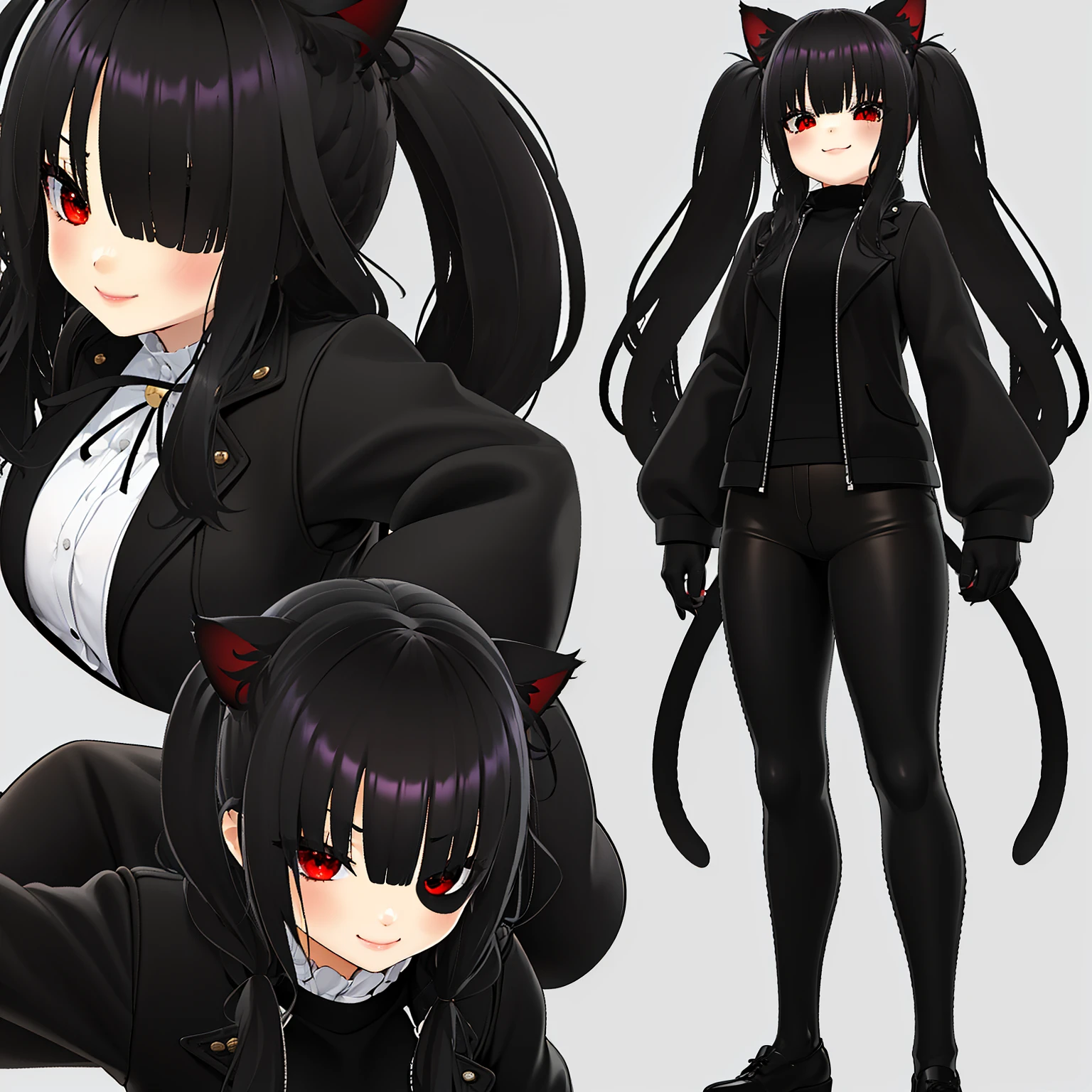, ((long hair with pigtails and a black fringe with cat ears, beautiful red eyes)), black skeleton, goopy skeleton, nightmare!sans, cyan eye, smiling, hands in pockets, black goopy jacket, black goopy shirt, black goopy shorts, tentacles, goopy covered eye, cyan outline