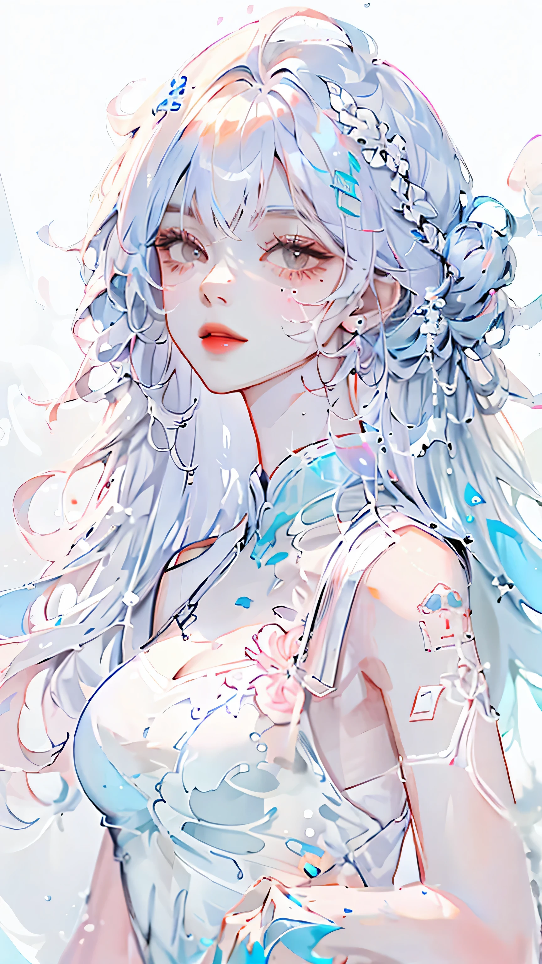 (masterpiece, best quality, High resolution), White background, acrylic paint, ((color splash, splash ink, color splash)), sweet chinese girl, Long light blue hair, [light blue|Pink] hair, Curly hair, flash, peach lips, White shirt, front, Upper body
