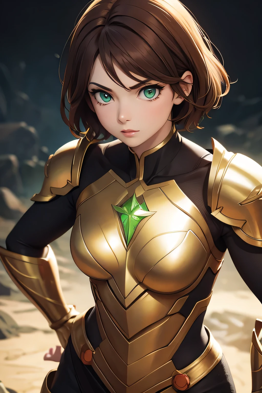 ((Masterpiece)) ((Perfect Face)) ((Beautiful)) ((Small Breasts)) ((portrait)) ((Wide Hips)) ((Broad Shoulders)) ((lithe physique)) ((black and gold sci-fi Armor)) ((Super Powers)) ((short Hair)) ((brown Hair)) ((Pale Skin)) ((Glowing green Eyes)) ((prominent Nose))