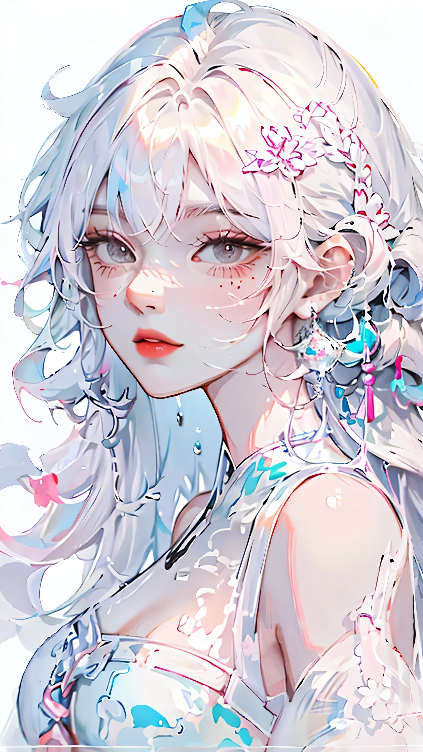 (masterpiece, best quality, High resolution), White background, acrylic paint, ((color splash, splash ink, color splash)), sweet chinese girl, Long light blue hair, [light blue|Pink] hair, Curly hair, flash, peach lips, White shirt, front, Upper body