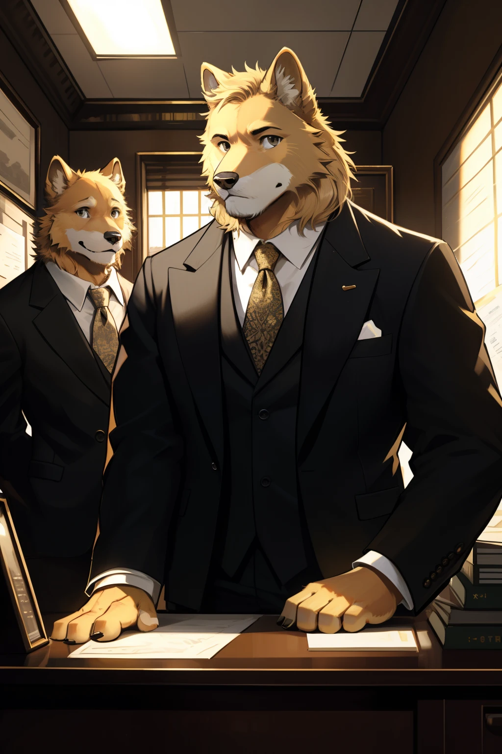 A golden retriever dog, dressed in a well-tailored suit, sits calmly in a Wall Street office. The realistic style rendering showcases every intricate detail of his luscious golden fur, contrasting elegantly against the dark, professional attire. His expressive, Content face gazes at the viewer with bright, warm eyes, radiating a sense of friendly companionship amidst the bustling business environment. By Starsky2000, best quality, masterpiece, ultra-realistic, sharp focus, detailed background, corporate office, golden retriever, Wall Street.