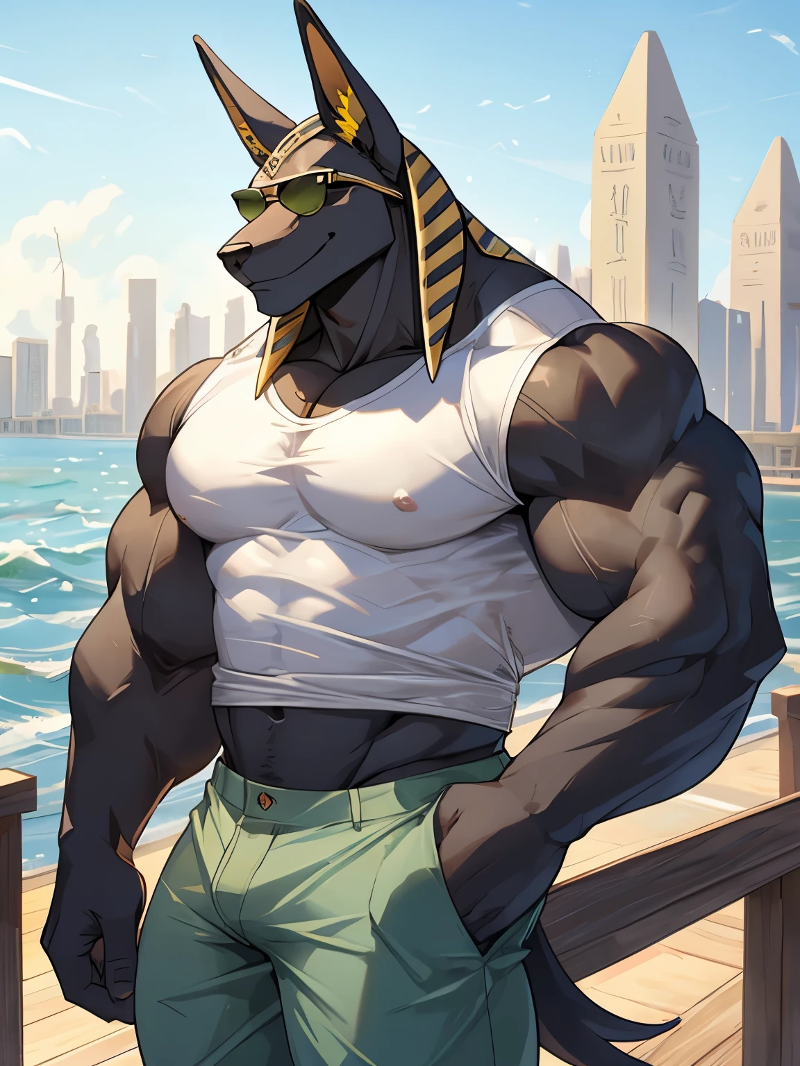 Anubian jackal, anubis, good looking, male, anthro, ultradetailed, muscular, solo, bareness, rippling muscles, muscles, pier background, tail, smiling, big pecs, looking at viewer, white shirt, greyish-green pants, sunglasses, bara,