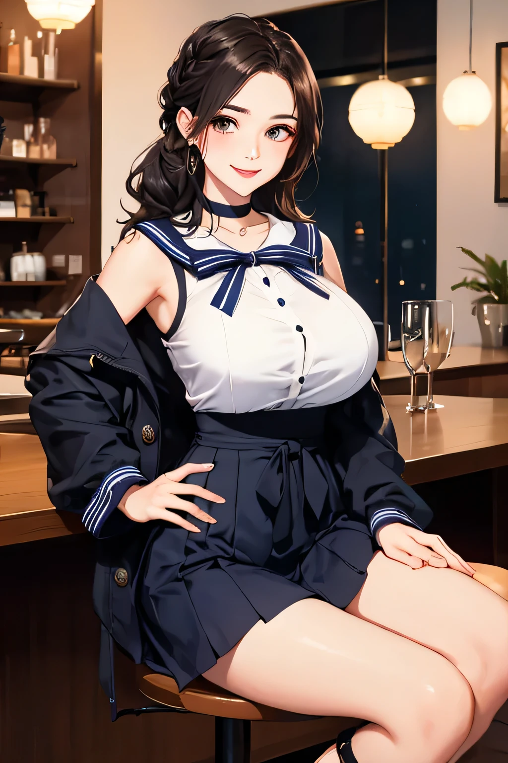 (highest quality、High resolution、detailed background、8K)、Beautiful and dense face、beautiful and smooth skin、skin texture、professional lighting、Beautiful girl in her 20s、two women、brown hair、braided hairstyles、(huge breasts:1.3)、realistic、perfect body line、
(Enjoy a romantic dinner by candlelight)、Calm atmosphere、
Confidence and Charm、Express yourself with confidence、Charm、
(Try wearing sailor uniform-style tops and for a sexy look.)、
Choose tops that fit well with your body line.、
Fits perfectly around the chest and waist, emphasizing feminine curves.、
Adding details such as lace or ribbons around the décolletage and shoulders can create a sexy look.、
Generally speaking, traditional sailor uniform style tops with a white or navy base with red or black details are popular, but you can also choose tops with other bright colors or patterns.、
Choose a miniskirt that fits well with your body line.、
A secure fit from the waist to the hips, making your legs look beautiful.、
The tight silhouette of the skirt emphasizes your sexiness.、
We recommend designs that highlight the hip line and thigh curves.、
Dark colors such as black and navy bring out your sexiness.、
Skirts made of leather or shiny fabric also give a sexy impression.、
By incorporating feminine accessories such as ribbons and chokers, you can create a cute and sexy look at the same time.、Pair it with high heels to make your legs look beautiful.、
High-heeled boots emphasize sexiness、
looking at me with a happy expression、laughing、smiling、sexual expression、cute