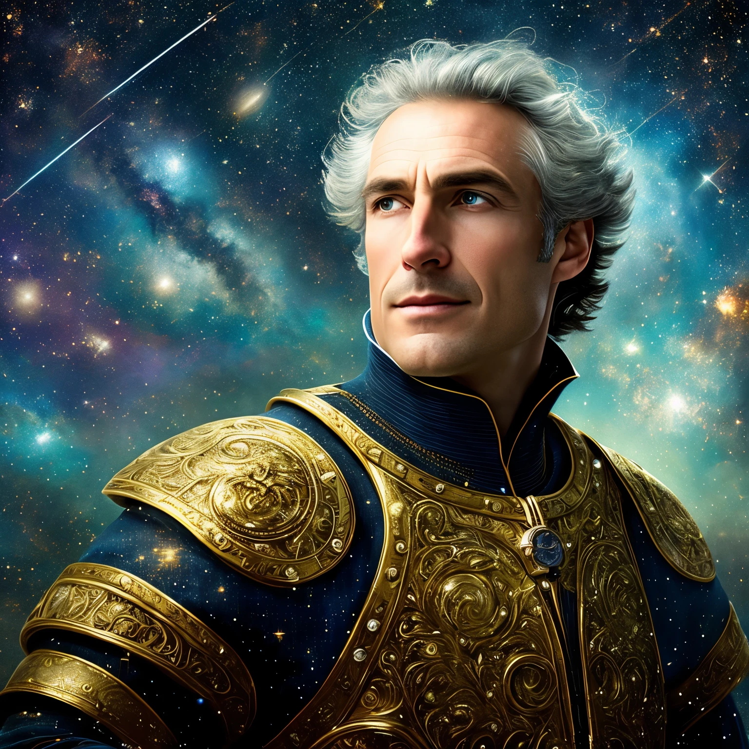 A noble and elegantly dressed Man, in a special attire, is suddenly arrested mid-action as he was aboard a spaceship. This highly detailed, lifelike image is reminiscent of a French oil painting, with rich colors and intricate textures. The man's expression is calm and composed as he turns to face the camera, with a subtle hint of curiosity in his eyes. The backdrop is a vast, starry night sky, with bright, shimmering stars and swirling galaxies. The overall composition is poetic and thought-provoking, capturing the mystery and wonder of space exploration. The image is rendered in the highest resolution and meticulously crafted, with a focus on the intric