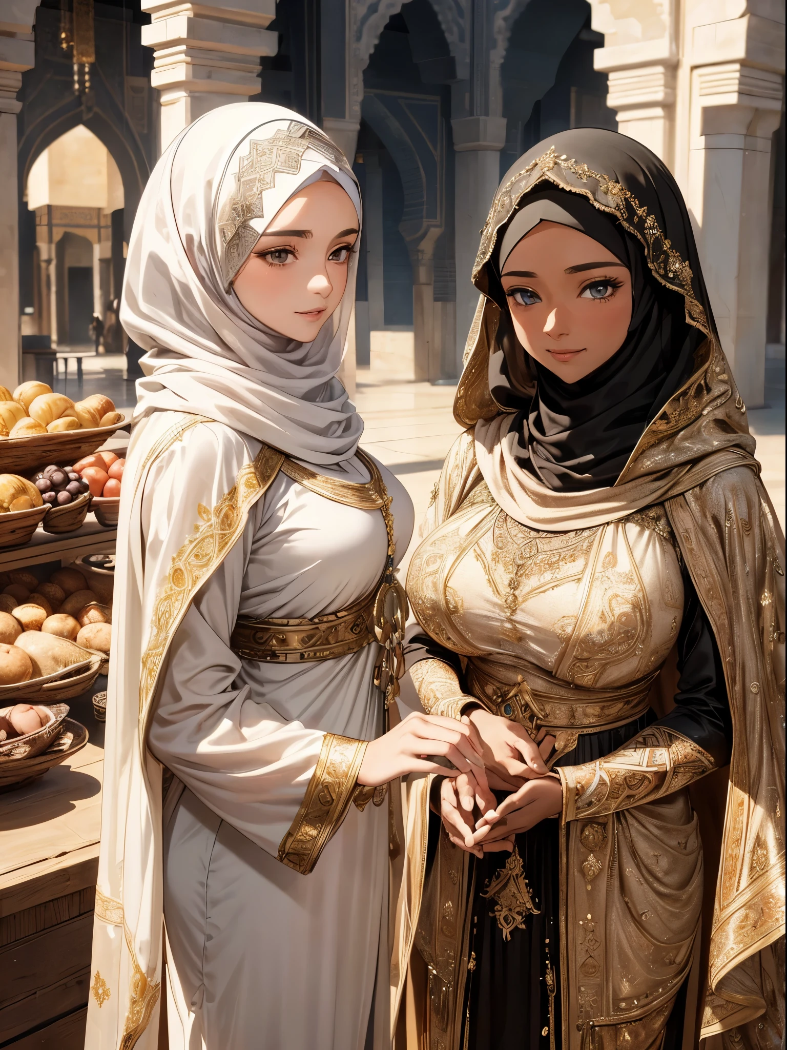 absurderes,(masterpiece、top-quality、8K ),intricate detailes,ultra-detailliert、1 Beautiful Arab Woman、(Ancient Arab national costumes,Hijab:1.4),veils、A slight smil、darkskinned、black curly hair、Arabian Market、Hyper realistic,Perfect Anatomy