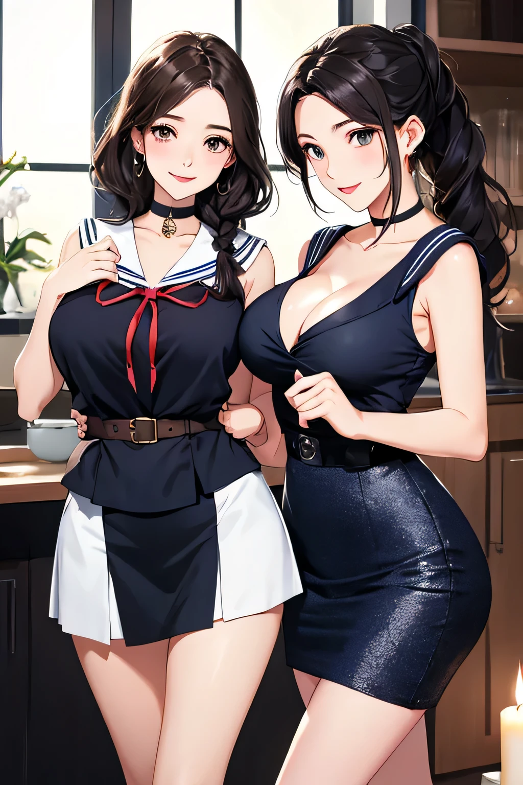 (highest quality、High resolution、detailed background、8K)、Beautiful and dense face、beautiful and smooth skin、skin texture、professional lighting、Beautiful girl in her 20s、two women、brown hair、braided hairstyles、(huge breasts:1.3)、realistic、perfect body line、
(Enjoy a romantic dinner by candlelight)、Calm atmosphere、
Confidence and Charm、Express yourself with confidence、Charm、

(Try wearing sailor uniform-style tops and  for a sexy look.)、
Choose tops that fit well with your body line.、
Fits perfectly around the chest and waist, emphasizing feminine curves.、
Adding details such as lace or ribbons around the décolletage and shoulders can create a sexy look.、
Generally speaking, traditional sailor uniform style tops with a white or navy base with red or black details are popular, but you can also choose tops with other bright colors or patterns.、
Choose a miniskirt that fits well with your body line.、
A secure fit from the waist to the hips, making your legs look beautiful.、
The tight silhouette of the skirt emphasizes your sexiness.、
We recommend designs that highlight the hip line and thigh curves.、
Dark colors such as black and navy bring out your sexiness.、
Skirts made of leather or shiny fabric also give a sexy impression.、

By incorporating feminine accessories such as ribbons and chokers, you can create a cute and sexy look at the same time.、Pair it with high heels to make your legs look beautiful.、
High-heeled boots emphasize sexiness、
looking at me with a happy expression、laughing、smiling、sexual expression、cute