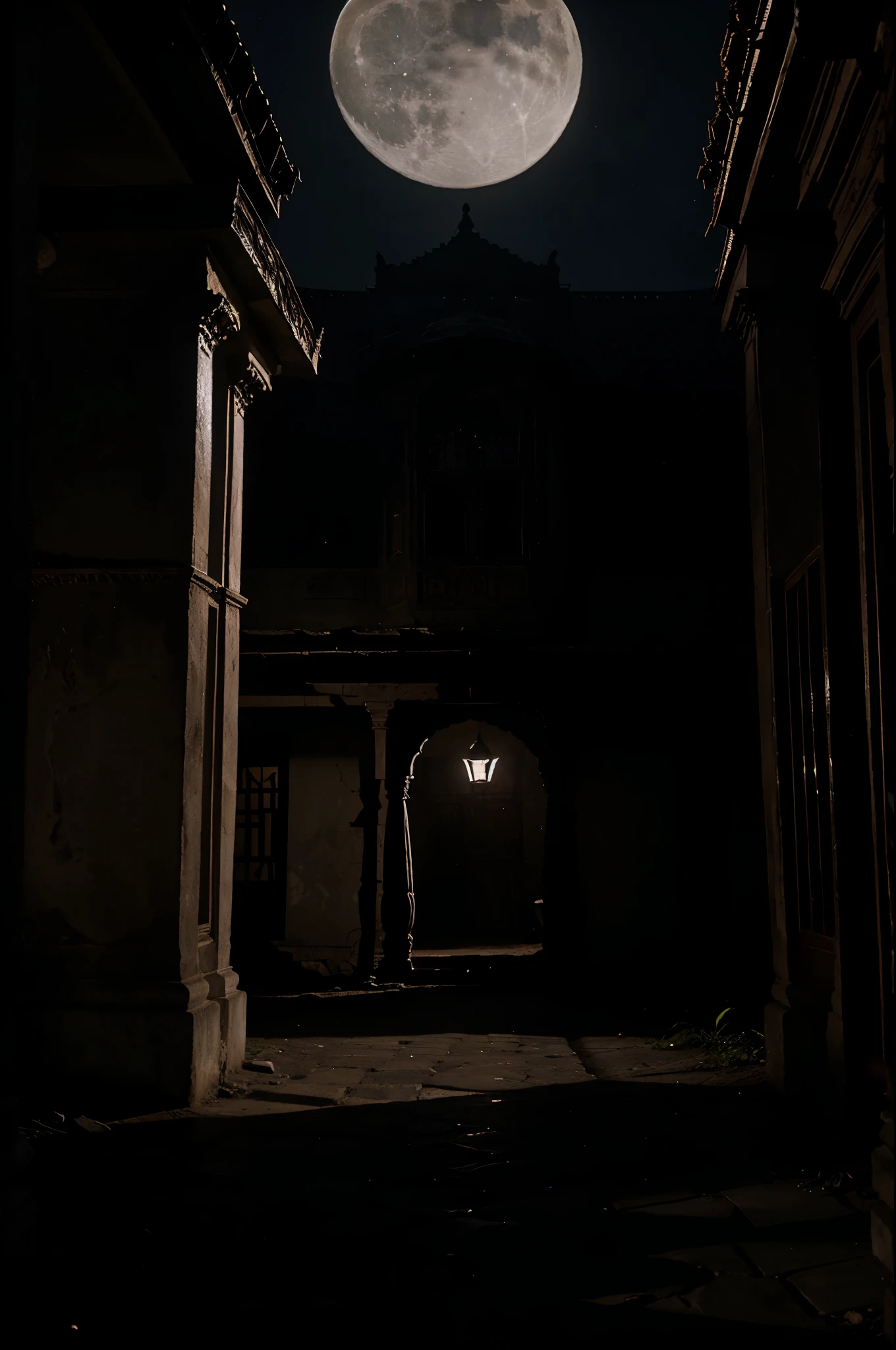 A moonlit night casting eerie shadows over an old haveli nestled amidst dense trees, setting the scene for the horror story.