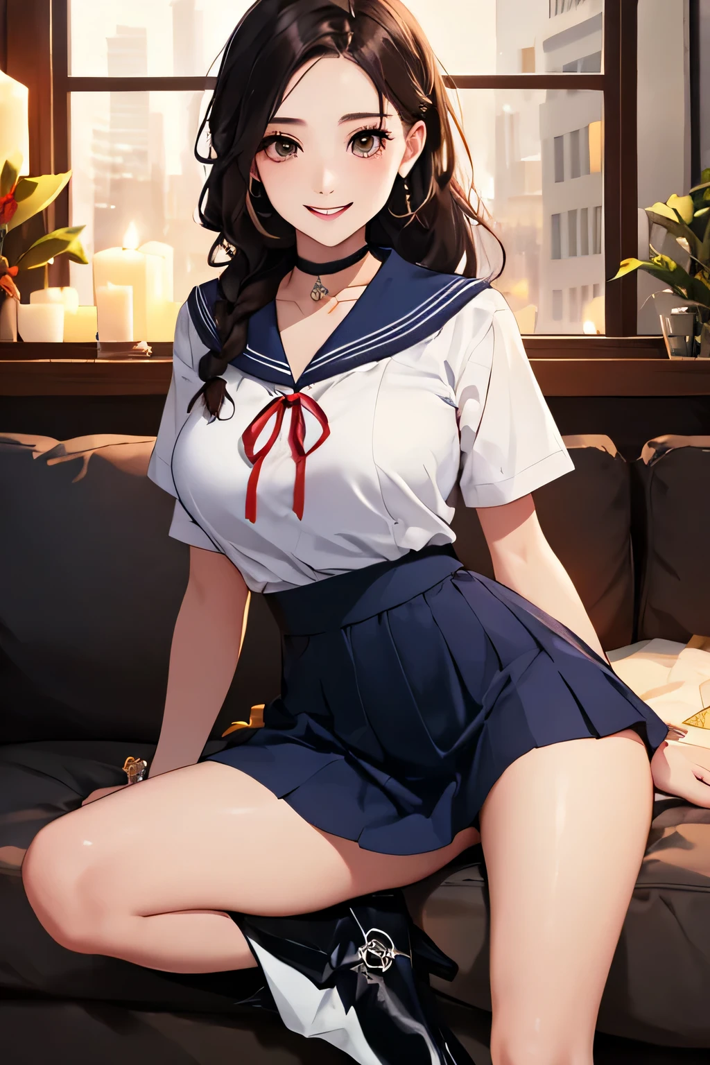 (highest quality、High resolution、detailed background、8K)、Beautiful and dense face、beautiful and smooth skin、skin texture、professional lighting、Beautiful girl in her 20s、two women、brown hair、braided hairstyles、(huge breasts:1.3)、realistic、perfect body line、
(Enjoy a romantic dinner by candlelight)、Calm atmosphere、
Confidence and Charm、Express yourself with confidence、Charm、

(Try wearing sailor uniform-style tops and  for a sexy look.)、
Choose tops that fit well with your body line.、
Fits perfectly around the chest and waist, emphasizing feminine curves.、
Adding details such as lace or ribbons around the décolletage and shoulders can create a sexy look.、
Generally speaking, traditional sailor uniform style tops with a white or navy base with red or black details are popular, but you can also choose tops with other bright colors or patterns.、
Choose a miniskirt that fits well with your body line.、
A secure fit from the waist to the hips, making your legs look beautiful.、
The tight silhouette of the skirt emphasizes your sexiness.、
We recommend designs that highlight the hip line and thigh curves.、
Dark colors such as black and navy bring out your sexiness.、
Skirts made of leather or shiny fabric also give a sexy impression.、

By incorporating feminine accessories such as ribbons and chokers, you can create a cute and sexy look at the same time.、Pair it with high heels to make your legs look beautiful.、
High-heeled boots emphasize sexiness、
looking at me with a happy expression、laughing、smiling、sexual expression、cute