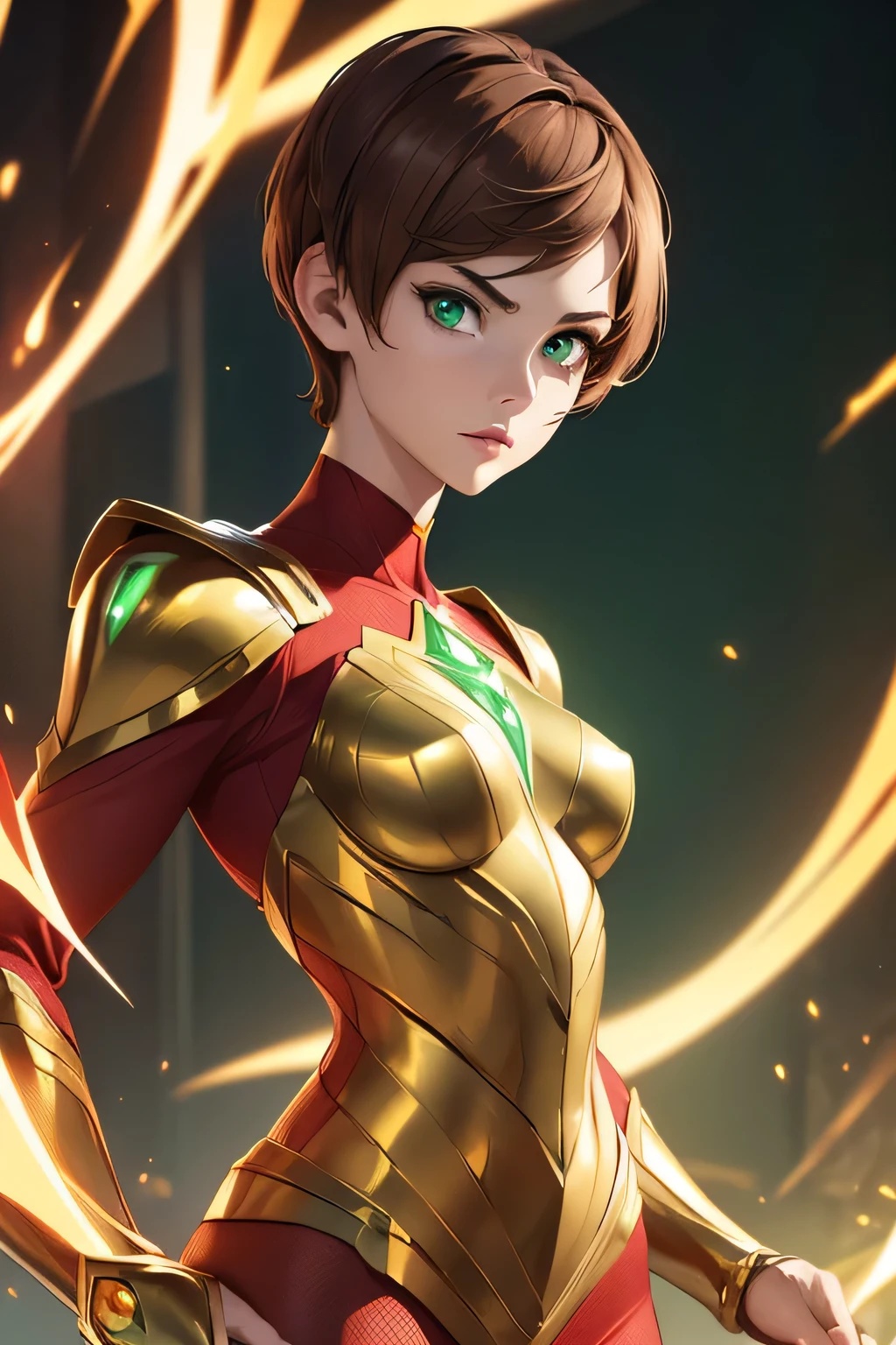 ((Masterpiece)) ((Perfect Face)) ((Beautiful)) ((Small Breasts)) ((portrait)) ((Wide Hips)) ((Broad Shoulders)) ((lithe physique)) ((red and gold Super Hero Armor)) ((Super Powers)) ((short Hair)) ((brown Hair)) ((Pale Skin)) ((Glowing green Eyes)) ((Button Nose))
