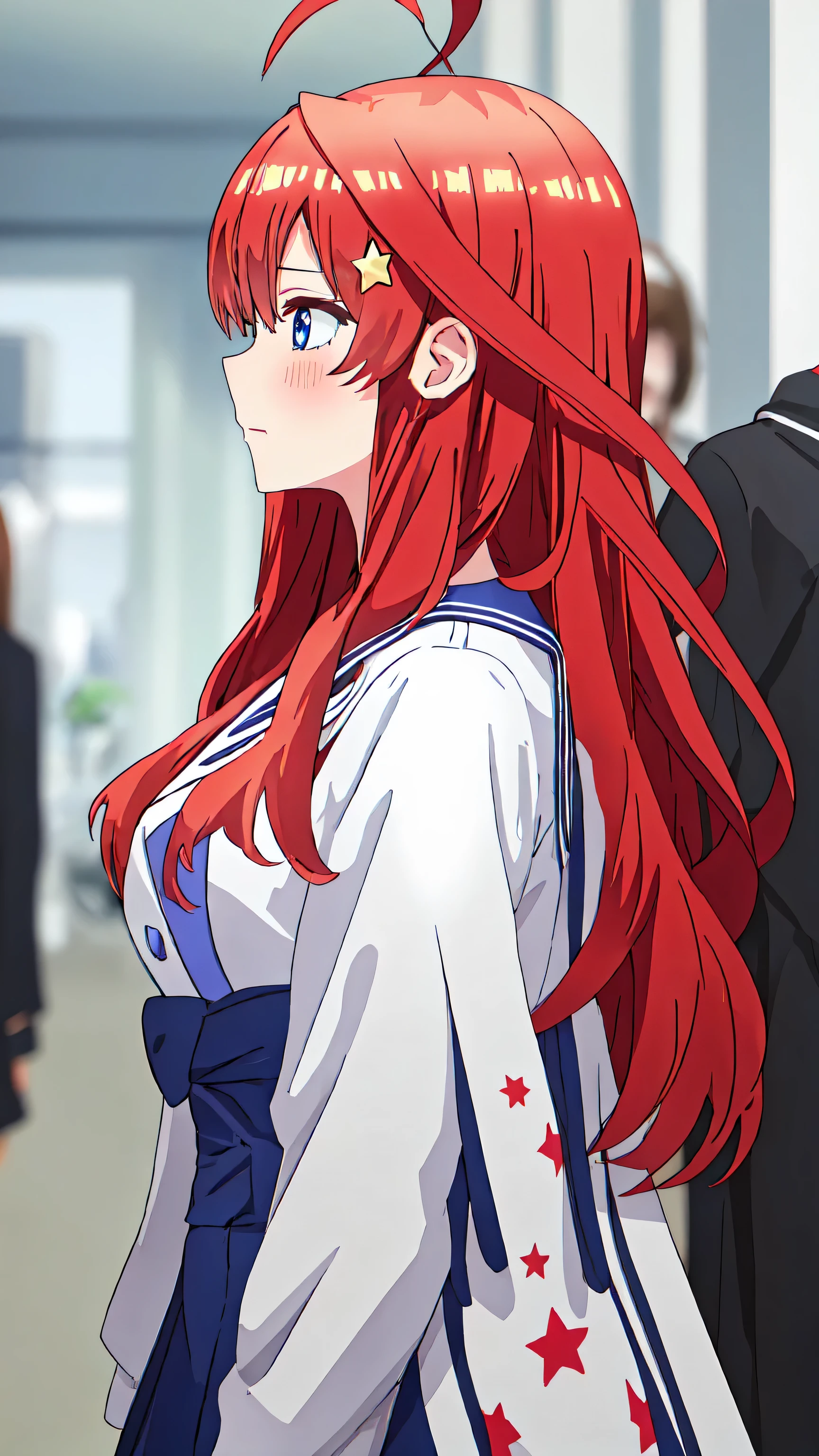 best quality, masterpiece, highres, solo, {nakano_itsuki_gotoubunnohanayome:1.15}, long_hair, red_hair, hair_ornament, star_\(symbol\), star_hair_ornament, bangs, blue_eyes, ahoge, blush, hair_between_eyes, closed_mouth, shiny_hair, 1girl, from_side, profile, shiny, portrait, blurry, blurry_background