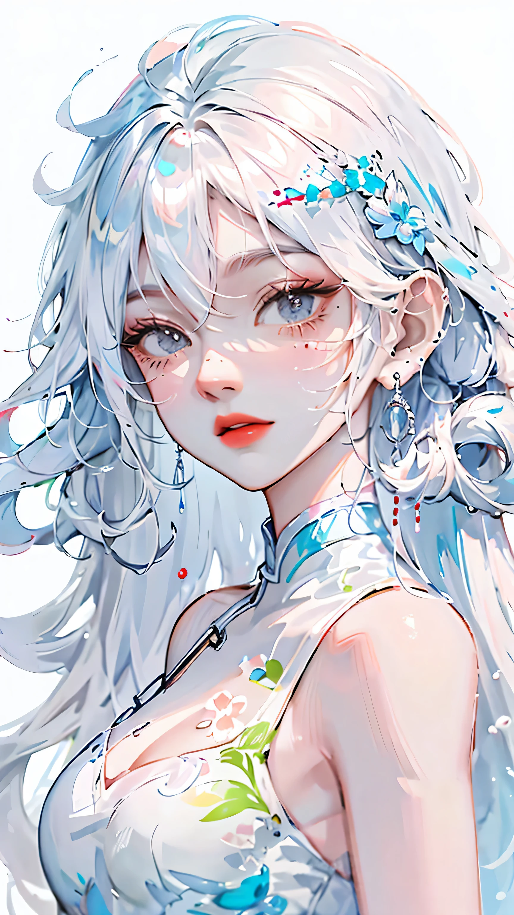 (masterpiece, best quality, High resolution), White background, acrylic paint, ((color splash, splash ink, color splash)), sweet chinese girl, Long light blue hair, [light blue|Pink] hair, Curly hair, flash, peach lips, White shirt, front, Upper body