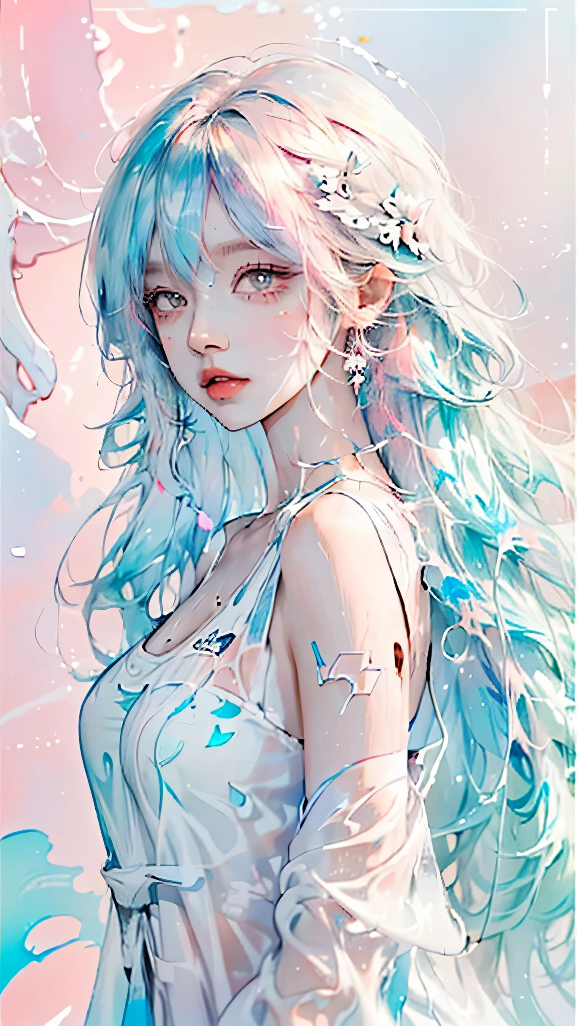 (masterpiece, best quality, High resolution), White background, acrylic paint, ((color splash, splash ink, color splash)), sweet chinese girl, Long light blue hair, [light blue|Pink] hair, Curly hair, flash, peach lips, White shirt, front, Upper body