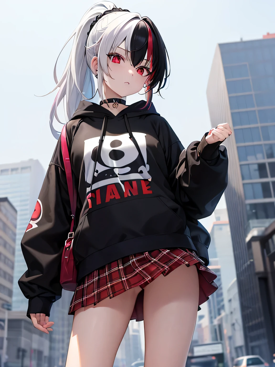 masterpiece, best quality, ultra-detailed, beautiful, 1girl, solo,((multicolored hair)), (white hair, black hair),ponytail,medium hair,black hair,between eyes,half-open slit eyes,squint,red eyes,ear piercing,choker,hoodie,plaid mini skirt, standing, simple background, from front, looking at the viewer,