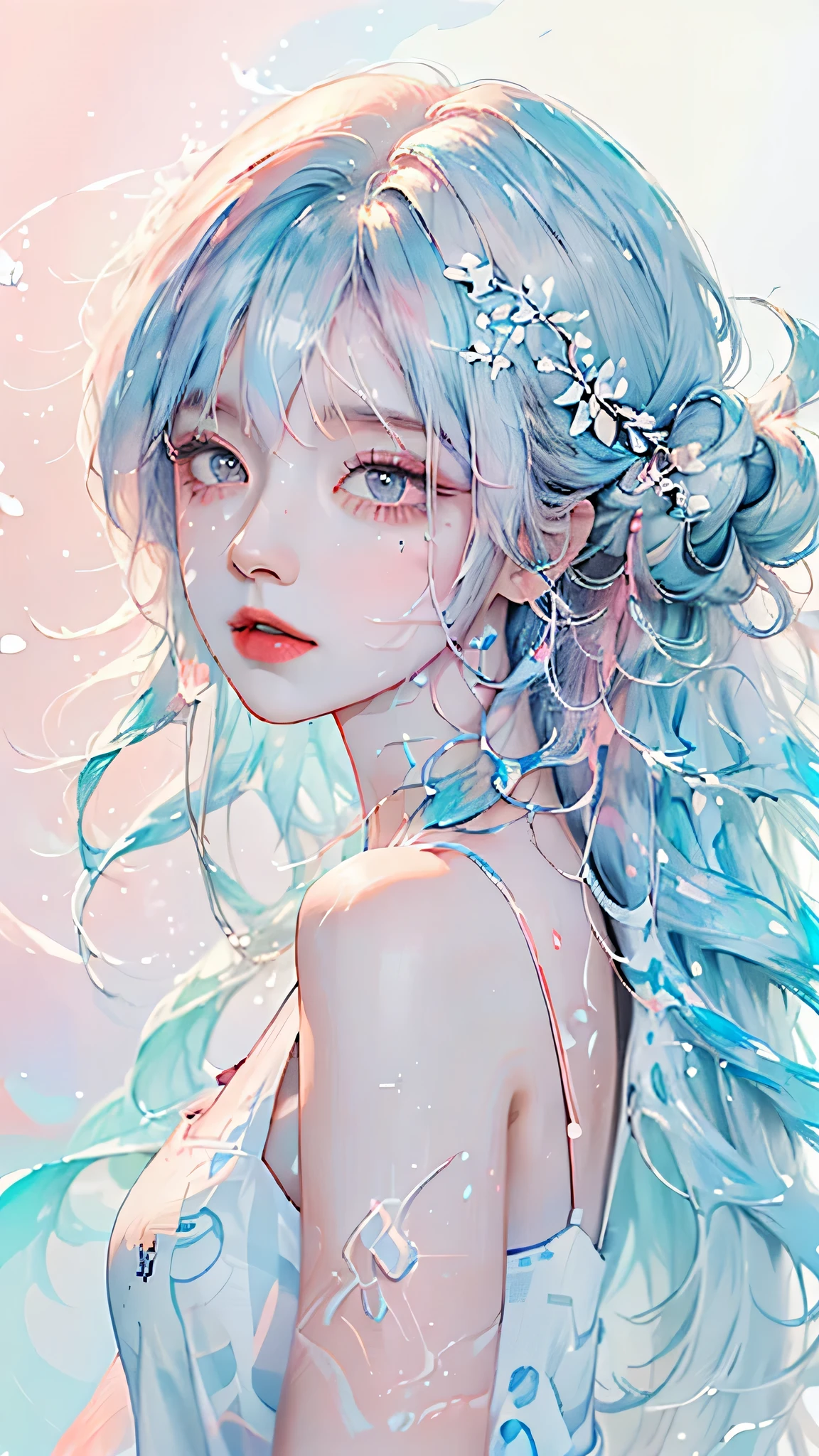 (masterpiece, best quality, High resolution), White background, acrylic paint, ((color splash, splash ink, color splash)), sweet chinese girl, Long light blue hair, [light blue|Pink] hair, Curly hair, flash, peach lips, White shirt, front, Upper body