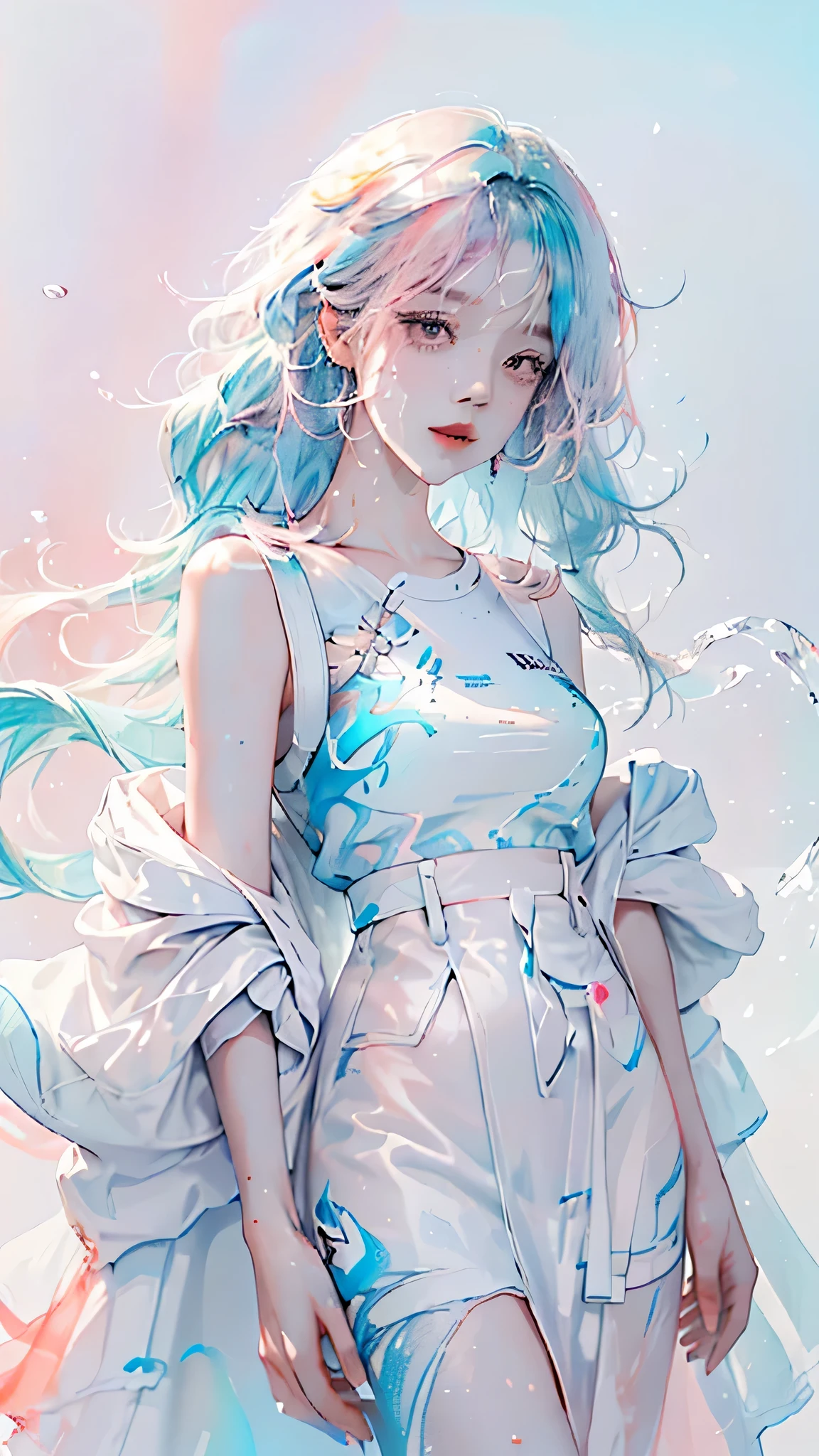 A beautiful woman, wearing (( crop top, hotpants)), long hair, smiling face, black hair, full body, top quality, realistic, super detailed, 8k