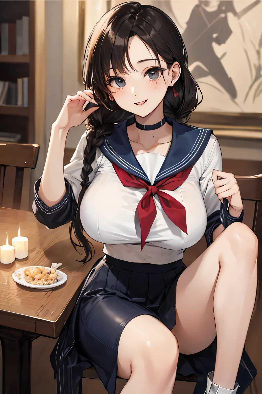(highest quality、High resolution、detailed background、8K)、Beautiful and dense face、beautiful and smooth skin、skin texture、professional lighting、Beautiful girl in her 20s、two women、brown hair、braided hairstyles、(huge breasts:1.3)、realistic、perfect body line、
(Enjoy a romantic dinner by candlelight)、Calm atmosphere、
Confidence and Charm、Express yourself with confidence、Charm、
(Try wearing sailor uniform-style tops and for a sexy look.)、
Choose tops that fit well with your body line.、
Fits perfectly around the chest and waist, emphasizing feminine curves.、
Adding details such as lace or ribbons around the décolletage and shoulders can create a sexy look.、
Generally speaking, traditional sailor uniform style tops with a white or navy base with red or black details are popular, but you can also choose tops with other bright colors or patterns.、
Choose a miniskirt that fits well with your body line.、
A secure fit from the waist to the hips, making your legs look beautiful.、
The tight silhouette of the skirt emphasizes your sexiness.、
We recommend designs that highlight the hip line and thigh curves.、
Dark colors such as black and navy bring out your sexiness.、
Skirts made of leather or shiny fabric also give a sexy impression.、
By incorporating feminine accessories such as ribbons and chokers, you can create a cute and sexy look at the same time.、Pair it with high heels to make your legs look beautiful.、
High-heeled boots emphasize sexiness、
looking at me with a happy expression、laughing、smiling、sexual expression、cute