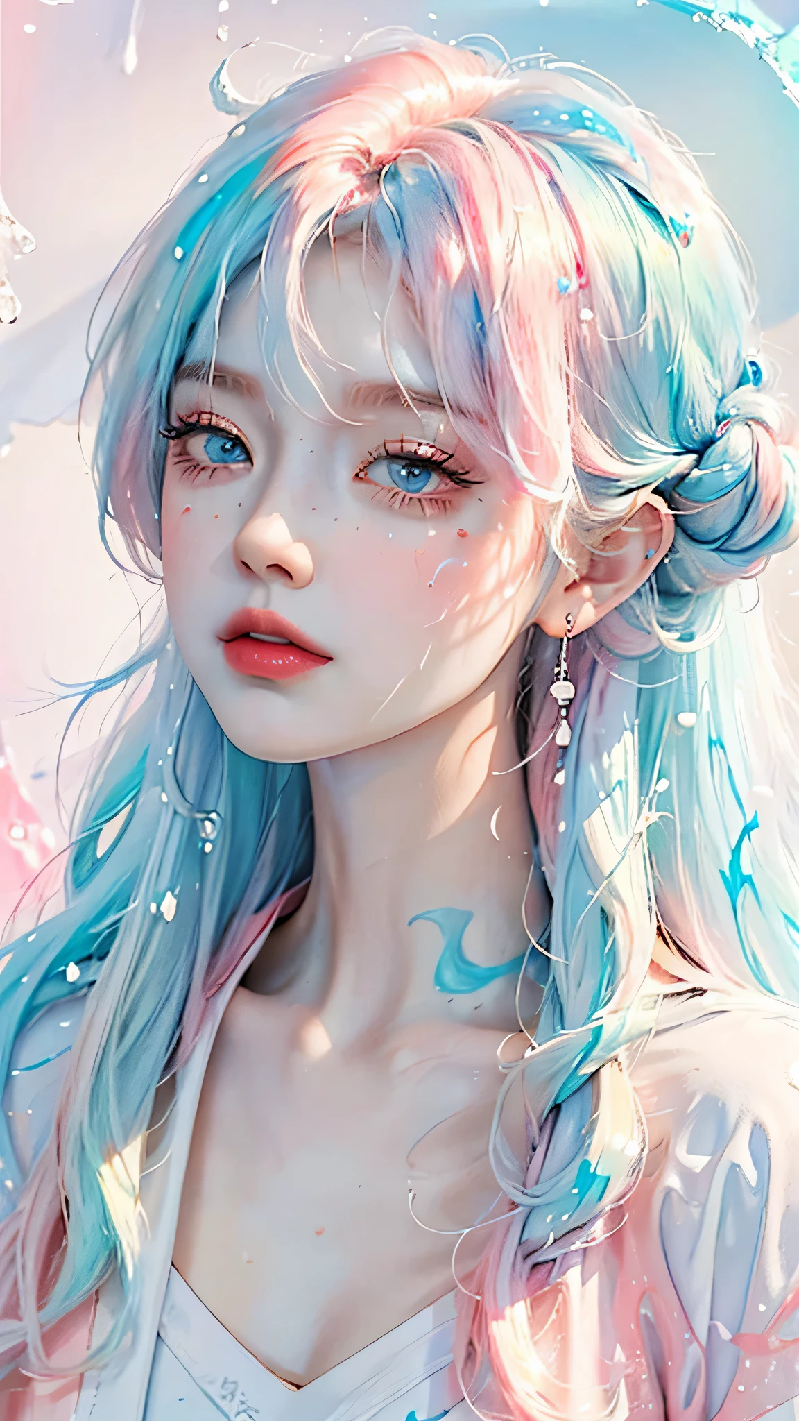 (masterpiece, best quality, High resolution), White background, acrylic paint, ((color splash, splash ink, color splash)), sweet chinese girl, Long light blue hair, [light blue|Pink] hair, Curly hair, flash, peach lips, White shirt, front, Upper body