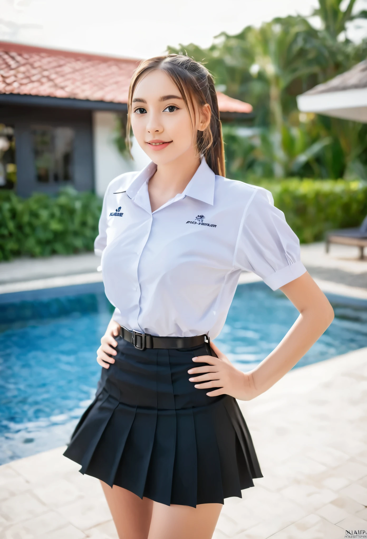 Cute young woman wearing student uniform, slender body, white and smooth skin, black mini skirt, perfect face, professionals portrait image, beautiful house in background, natural light, high quality image, standing near swimming pool