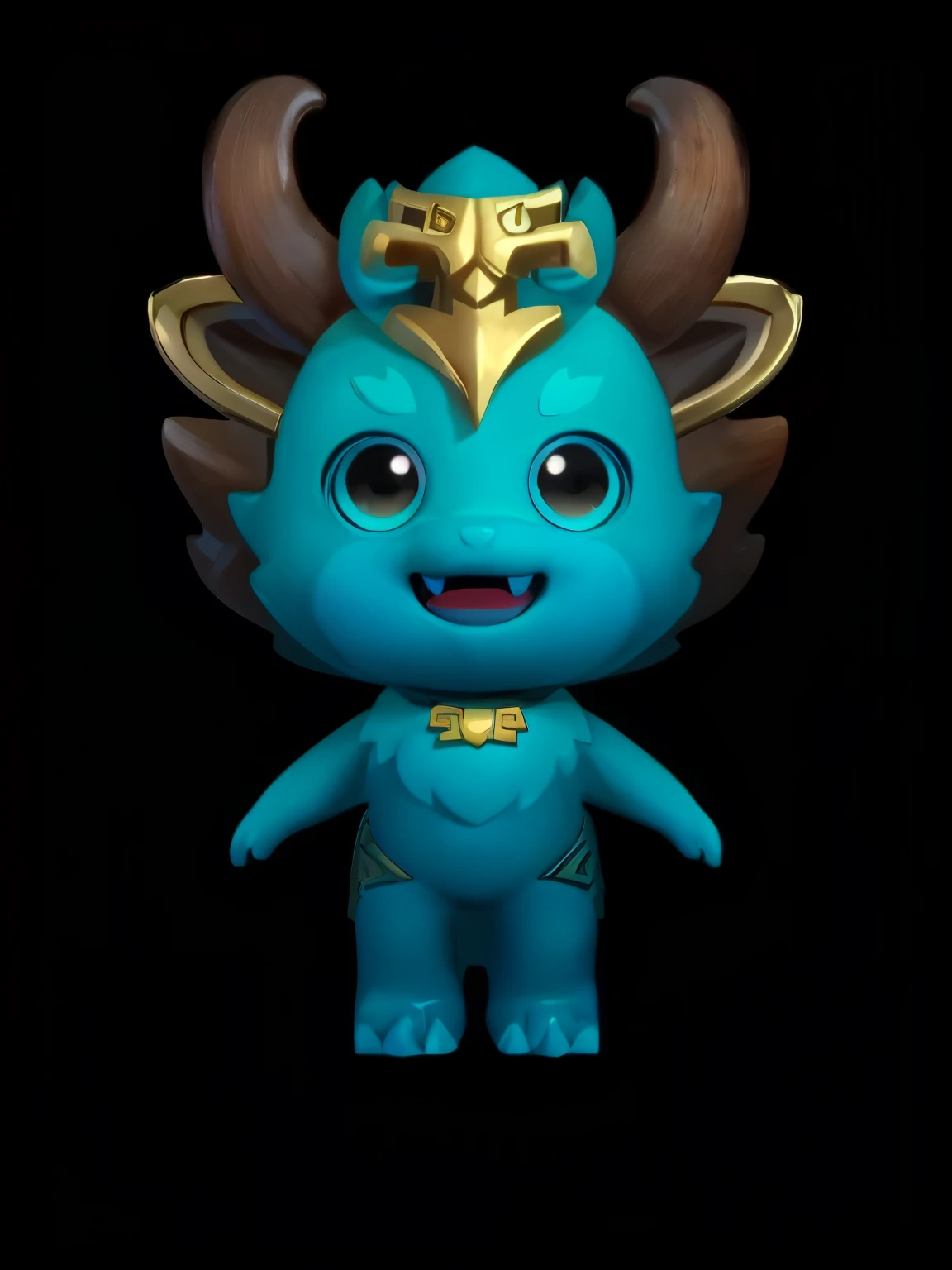 A cute cyan dragon, with golden horns and big eyes, wearing traditional Chinese in the style of cartoon characters from Sea Of Thieves. It is a blind box toy design with a black background, front view, and a white gold metal badge on its head, rendered in high definition with a 3D full body shot in the style of Pixar. The character's expression should be smiling happily. There will also be a shining spotlight behind it. The overall color scheme features turquoise blue tones