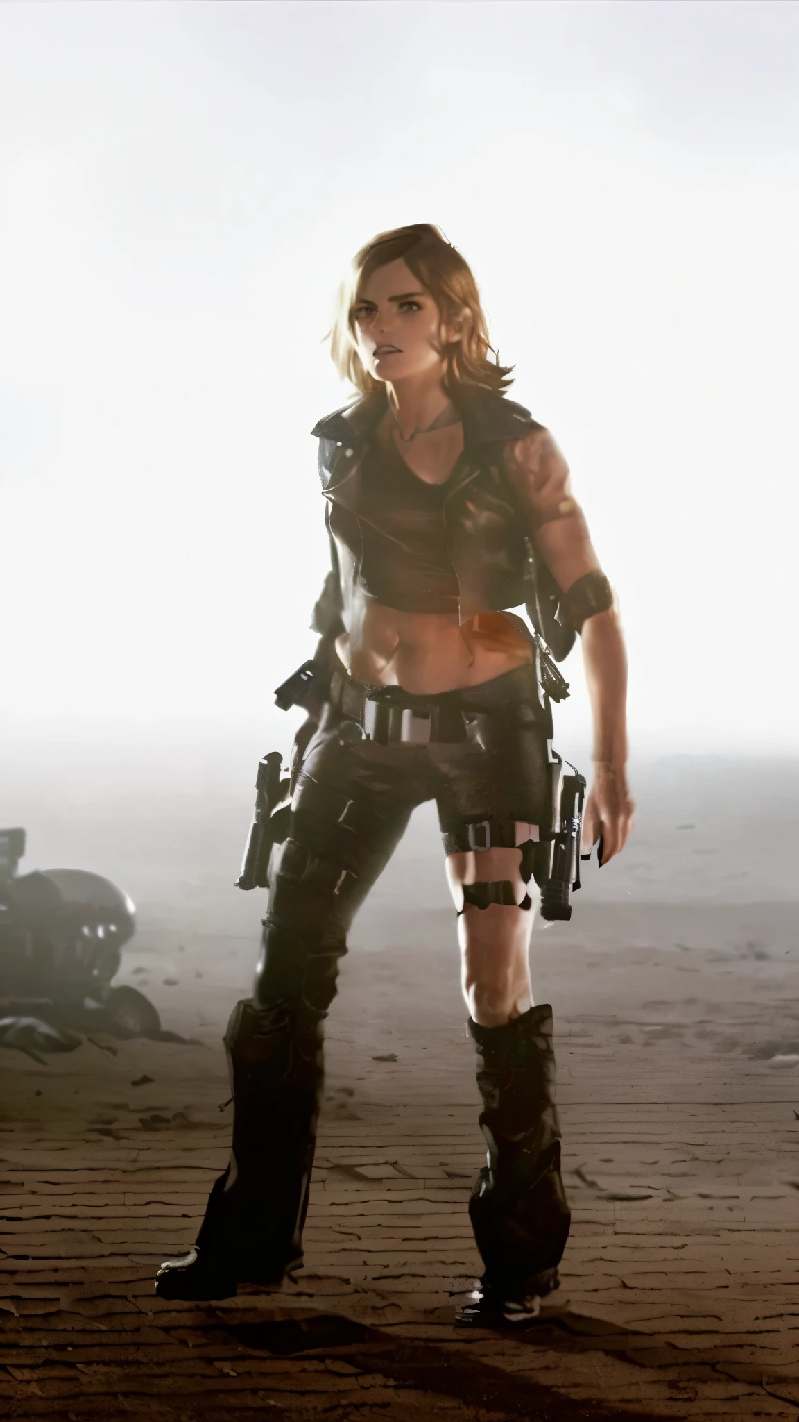 Leather jacket on the beach、Woman with gun, emma watson as Laura Crawford, Movie《Tomb Raider》Still, Ellen Ripley, Post-apocalyptic clothing, Wearing a dark space mercenary outfit, As a retro-futuristic heroine, Laura Crawford, resident Evil inspired, resident Evil, waist shot, Charming Jill Valentine, resident Evil 1, dystopian scifi outfit