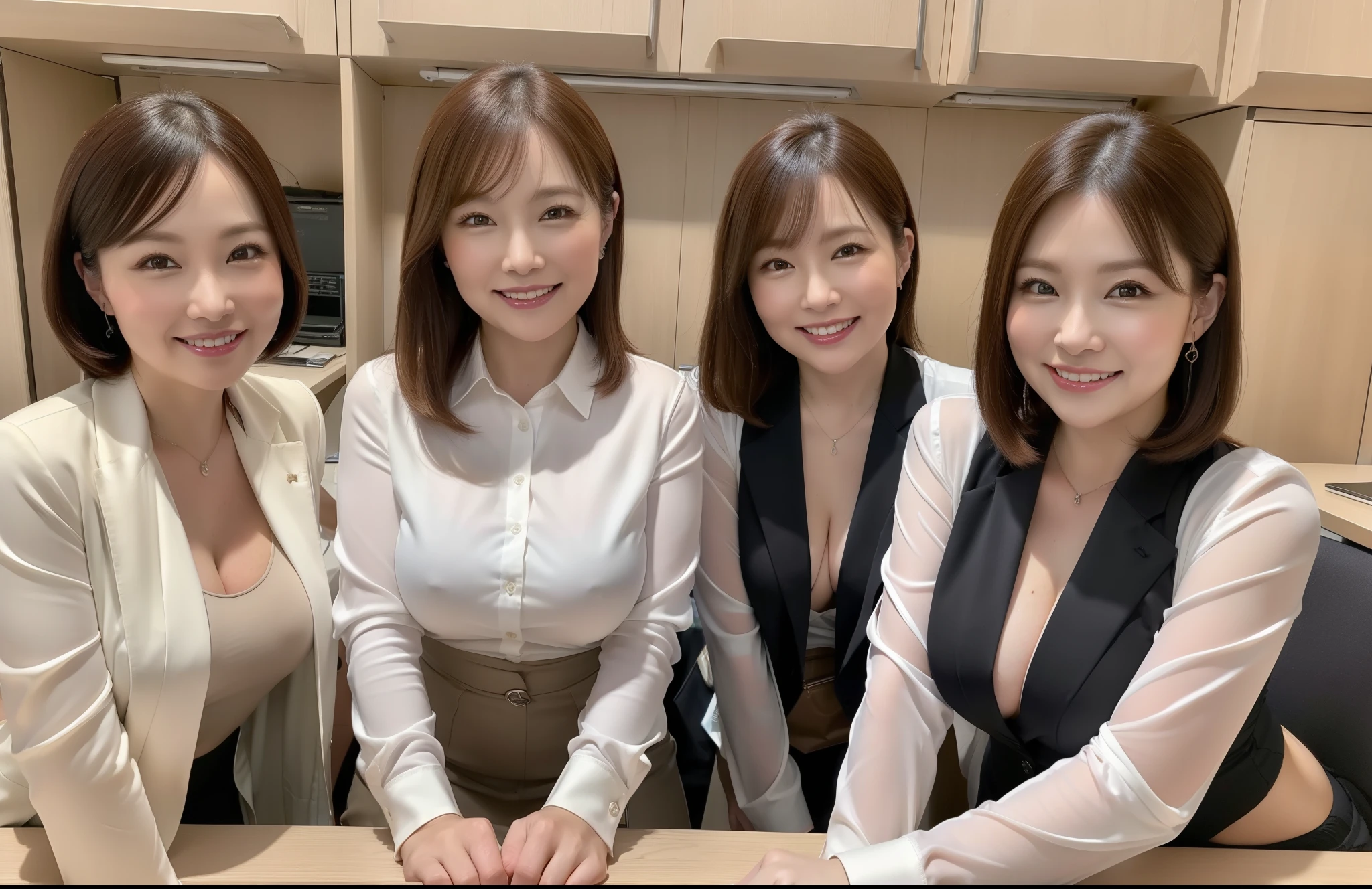 ((Best Quality, 8k, Masterpiecedetails, ultra-high resolution)), (group picture),(looking at the viewer), (full shot:), attractive business 5 milfs, 5 people, a bit chubby:0.15, seductive expression, (sitting on office desks)), smile, office of CEO,