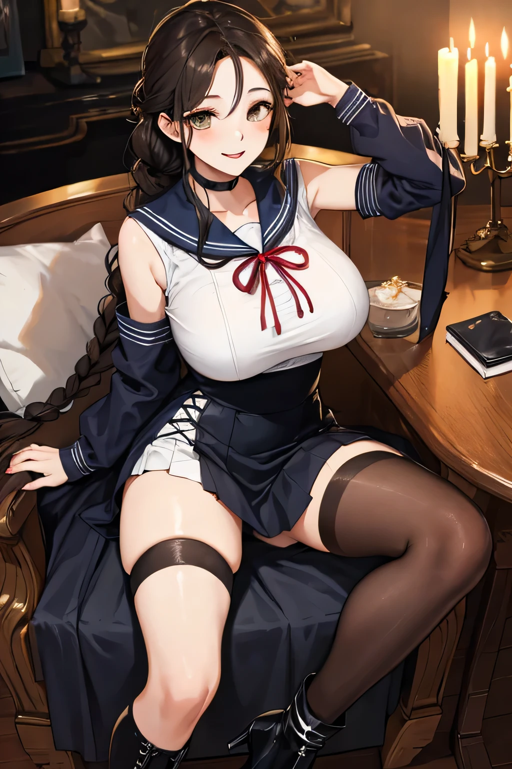 (highest quality、High resolution、detailed background、8K)、Beautiful and dense face、beautiful and smooth skin、skin texture、professional lighting、Beautiful girl in her 20s、two women、brown hair、braided hairstyles、(huge breasts:1.3)、realistic、perfect body line、
(Enjoy a romantic dinner by candlelight)、Calm atmosphere、
Confidence and Charm、Express yourself with confidence、Charm、
(Try wearing sailor uniform-style tops and for a sexy look.)、
Choose tops that fit well with your body line.、
Fits perfectly around the chest and waist, emphasizing feminine curves.、
Adding details such as lace or ribbons around the décolletage and shoulders can create a sexy look.、
Generally speaking, traditional sailor uniform style tops with a white or navy base with red or black details are popular, but you can also choose tops with other bright colors or patterns.、
Choose a miniskirt that fits well with your body line.、
A secure fit from the waist to the hips, making your legs look beautiful.、
The tight silhouette of the skirt emphasizes your sexiness.、
We recommend designs that highlight the hip line and thigh curves.、
Dark colors such as black and navy bring out your sexiness.、
Skirts made of leather or shiny fabric also give a sexy impression.、
By incorporating feminine accessories such as ribbons and chokers, you can create a cute and sexy look at the same time.、Pair it with high heels to make your legs look beautiful.、
High-heeled boots emphasize sexiness、
looking at me with a happy expression、laughing、smiling、sexual expression、cute