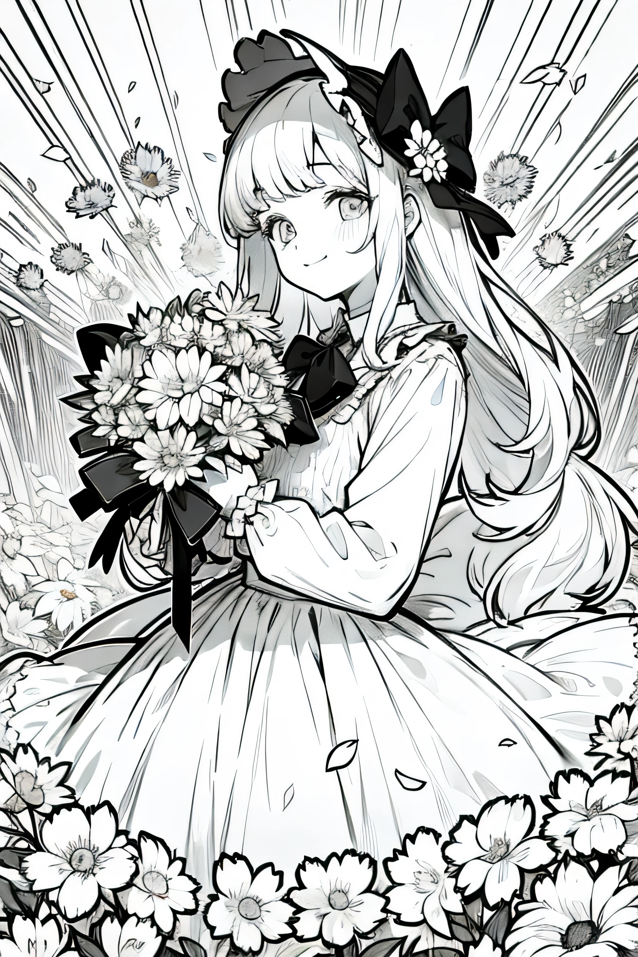 masterpiece, best quality, I gril, Solo, long hair
looking at viewer, smile, bangs, skirt, shirt, long sleeves, hat, dress, bow, holding, closed mouth, flower, frills, hair flower, petals, bouquet, holding flower, center frills, bonnet, holding bouquet, flower field, flower field, lineart, black and white