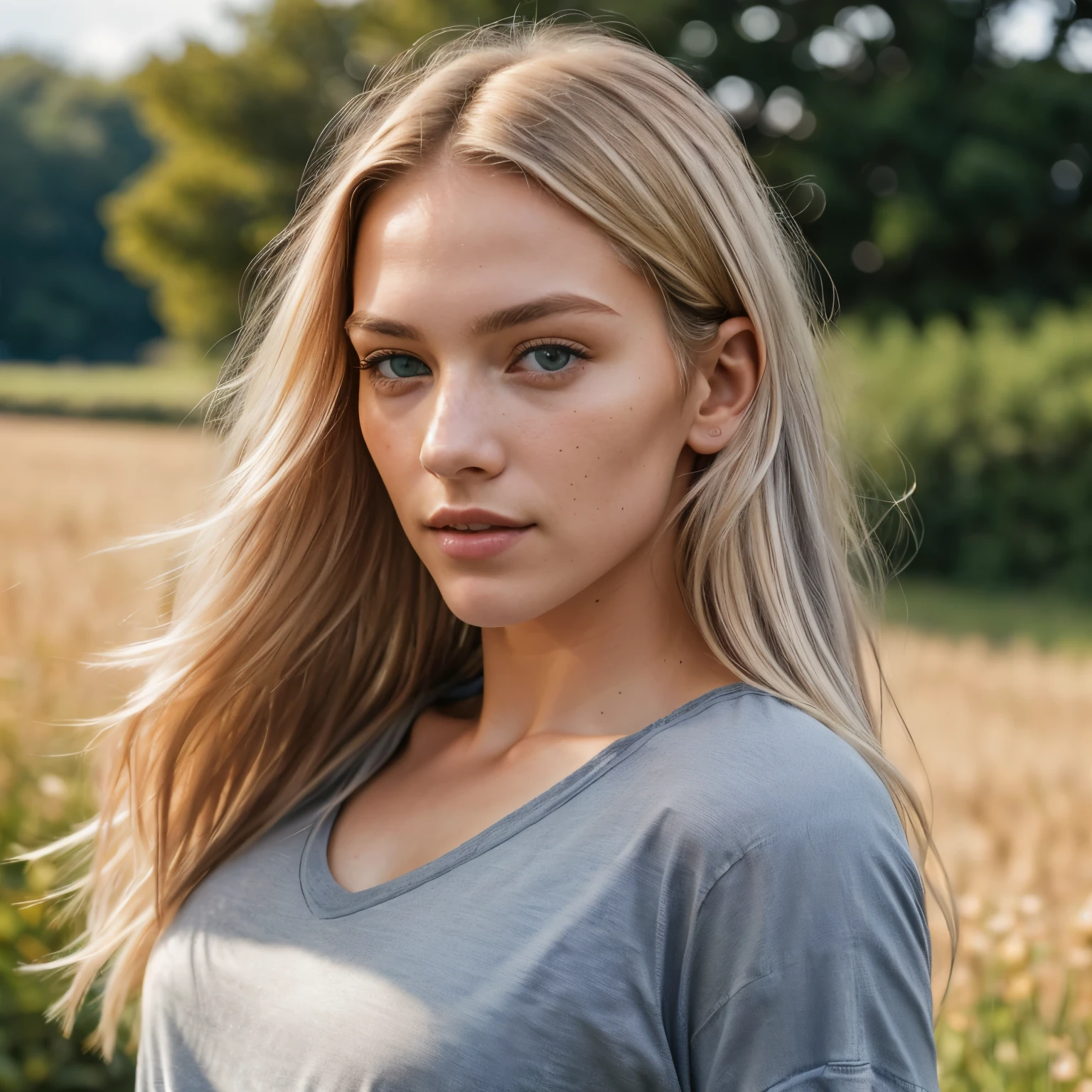 (photo, front view: 1.4), (right side of the body: 1.4), photo whole body RAW UHD, (yellow-brown blonde hair), (blonde tiny eyebrows), langes glattes haar, (angular face: 1.3), (long face: 1.4), a 22-year-old woman,highquality,4k,photorealistic,a young,beautiful woman,walking along a path in the field, Full body photo, jeans, sportschuhe,the whole body is visible,vivid colors,natural lighting,flowing hair,calm expression,soft sunlight,detailed facial features,natural pose, T-Shirt, (Neck), Details (Textures!, Hair!, White Color! , Cons: 1.2), bright grey green eyes with great Details (looking into the camera), distance 10m, Reflex Lighting, SLR Camera, Ultra Quality, Sharpness, Profondeur de champ, Film Grain (Center), Fujifilm XT3, clear as light, beau visage, sharpness, bokeh (dimly lit), day, (gray sky), detailed skin pores, La peau grasse, complex eye details, whole body, one ear visible, small long nose, narrow eyes of the same size