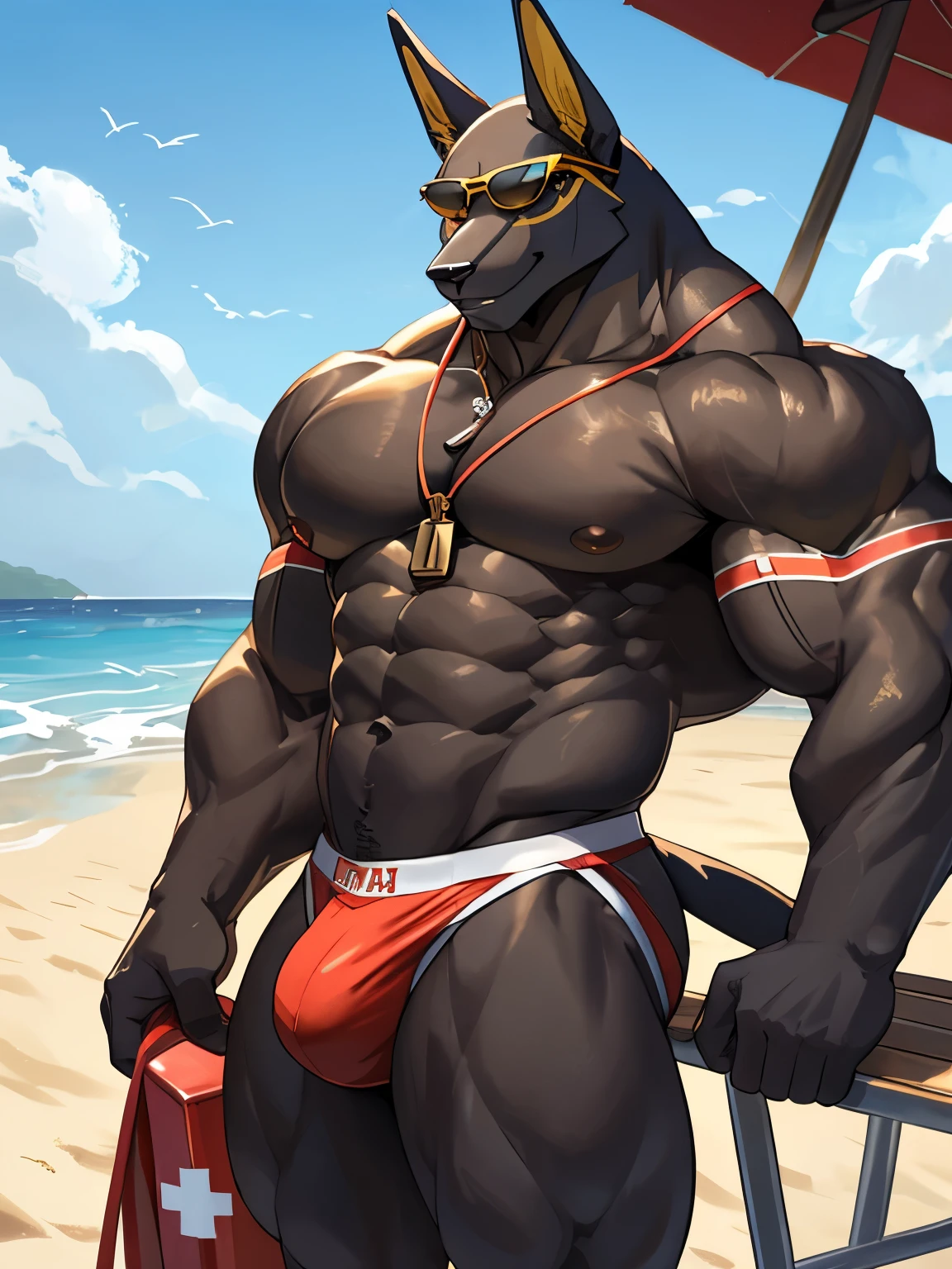 Anubian jackal, anubis, good looking, male, anthro, ultradetailed, muscular, solo, bareness, rippling muscles, muscles, beach background, tail, smiling, big pecs, looking at viewer, lifeguard jockstrap, sunglasses, whistle, bara,