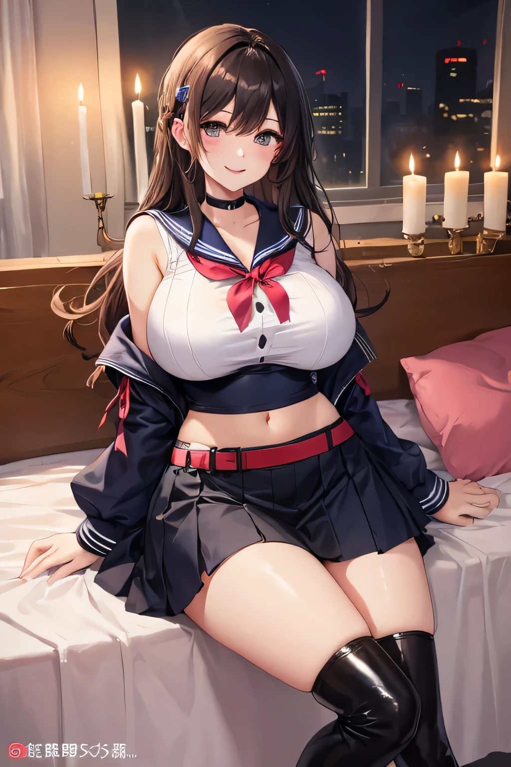 debris flies, highest quality, Highly detailed CG Unity 8K wallpaper, sexy witch , Long length hair、Dark blonde wavy hair、off shoulder knit, dark blue pleated skirt, stockings、medium breasts, saggy breasts, Pose that emphasizes the chest, blush, shy smile, bare shoulders, (((lift up the skirt with both hands、open your legs wide、please open your knees)))、cover one's crotch with one's hands、nice magic book、church bed、lying in bed、、red panties、red bra