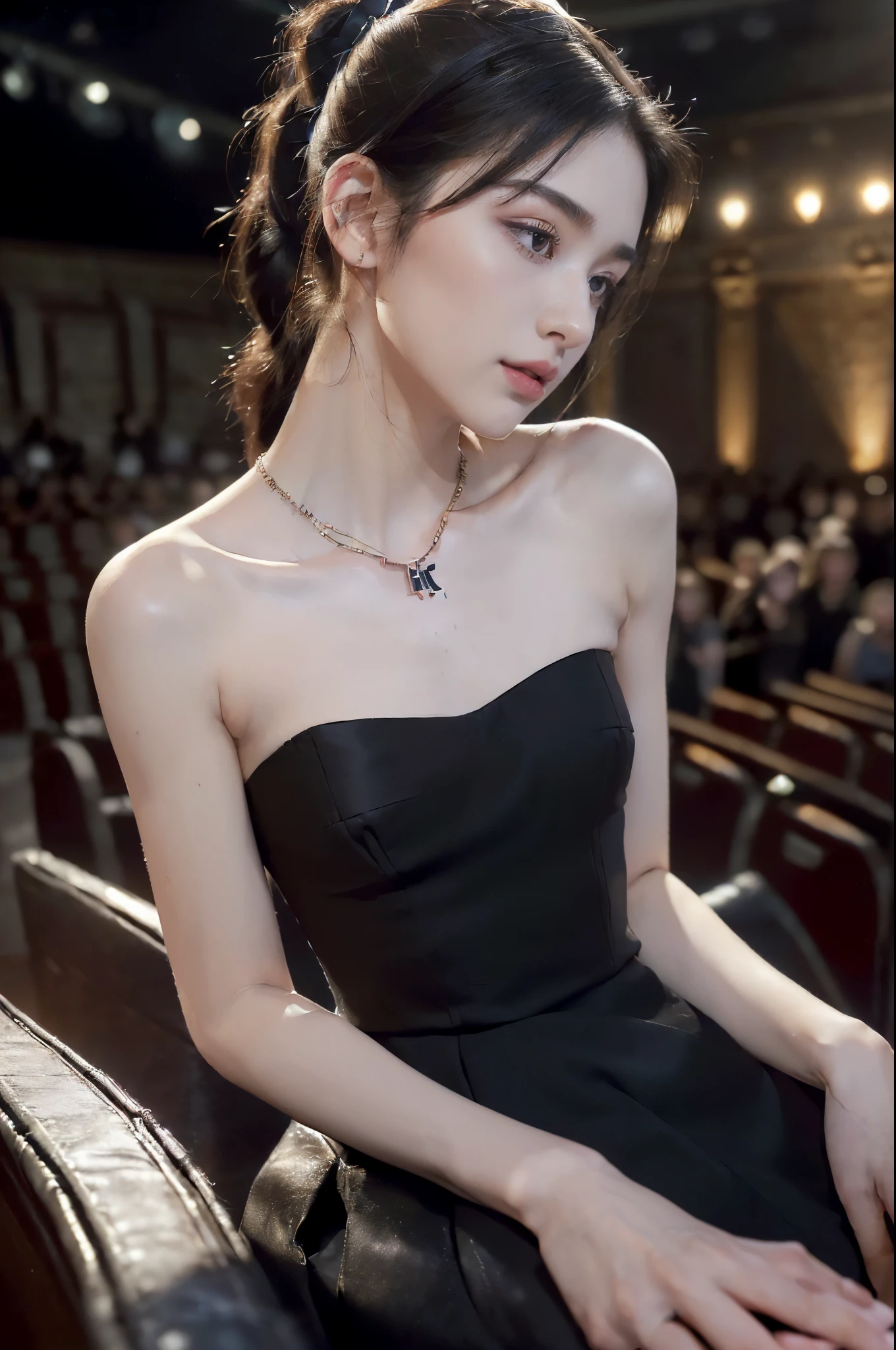 ((((8k))),((Extremely meticulous CG)) ,(wallpaper),16k,((Extremely refined and beautiful)),(((Masterpiece))),(((best qualtiy))),(((Ultra High Resolution))),beautiful light up,Perfect lightning,realistic shaded,((high resolution)),(Smooth and flawless skin:1.5),(Extremely exquisite facial details:1.2),(perfect body:1.2),(ultra-detailed),((A beautiful girl,solo)),(small head:1.2),(pale skin:1.3),(short ponytail:1.2),(small face:1.2),(:1.3),(Exquisite makeup:1.2),(small breasts:1.2),(flat chests:1.2),((slim,thin)),((Frowning, frightened, panicked)),(necklace:1.2),(strapless black dress:1.5),(night scene:1.3),(In an opera house:1.5),(Luxury decoration:1.3),(neon lights:1.2),(auditorium:1.3),(detailed background:1.5),(sitting in the seat:1.3),(upper body:1.3),(from back:1.3),(surrounded by crowded crowds of audiences:1.5),